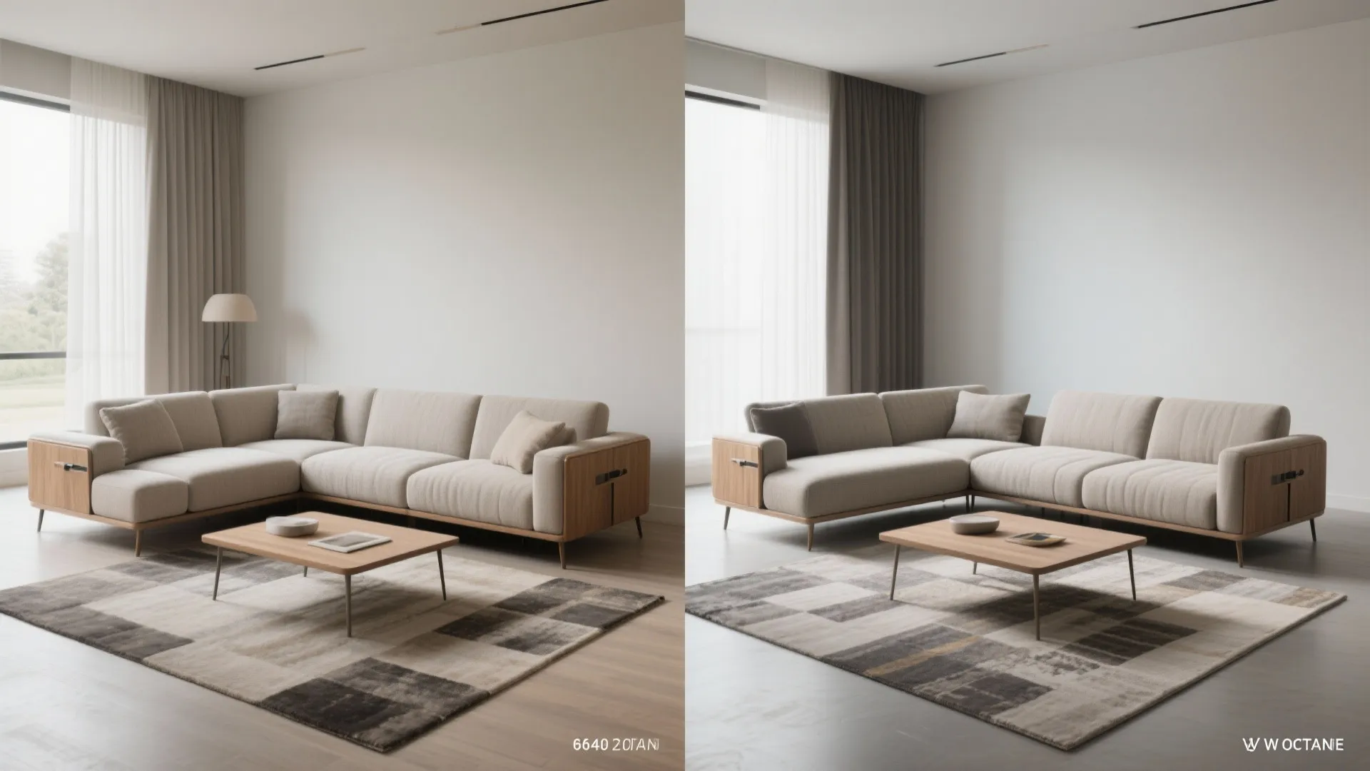 Side by side interior design drawing comparison showing two different lighting versions of living room