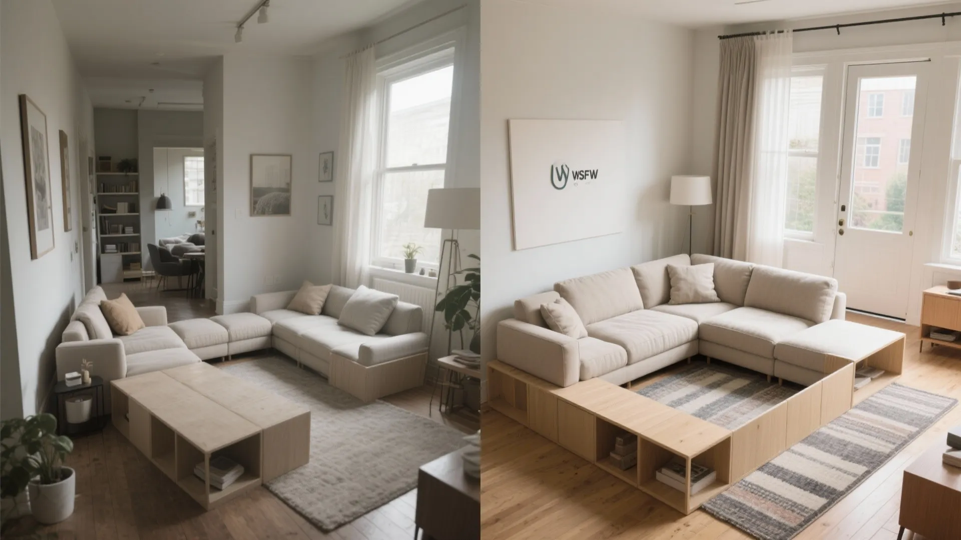 Before and after comparison of a living room layout showing different modular sofa furniture arrangements