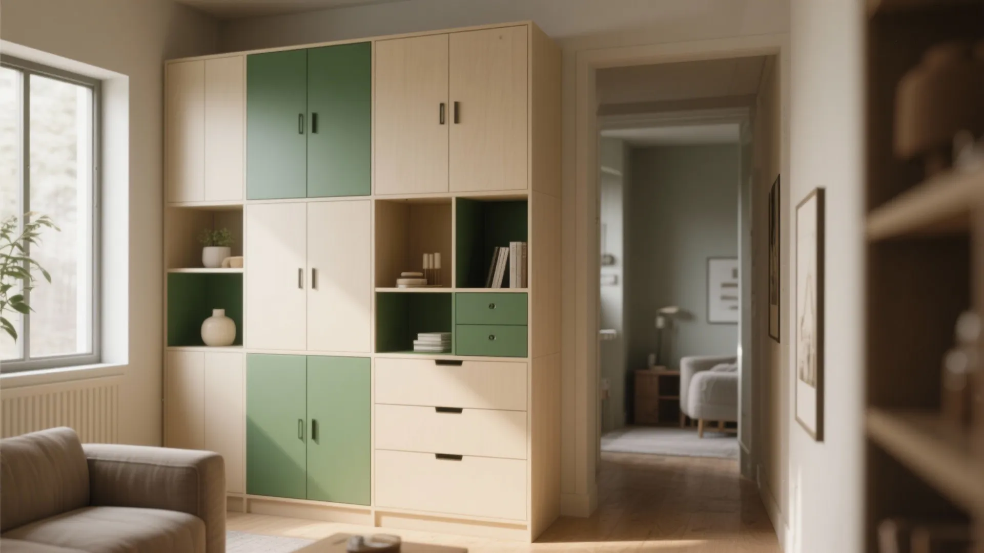 Large wooden storage cabinet with green and beige doors in a bright modern home interior setting