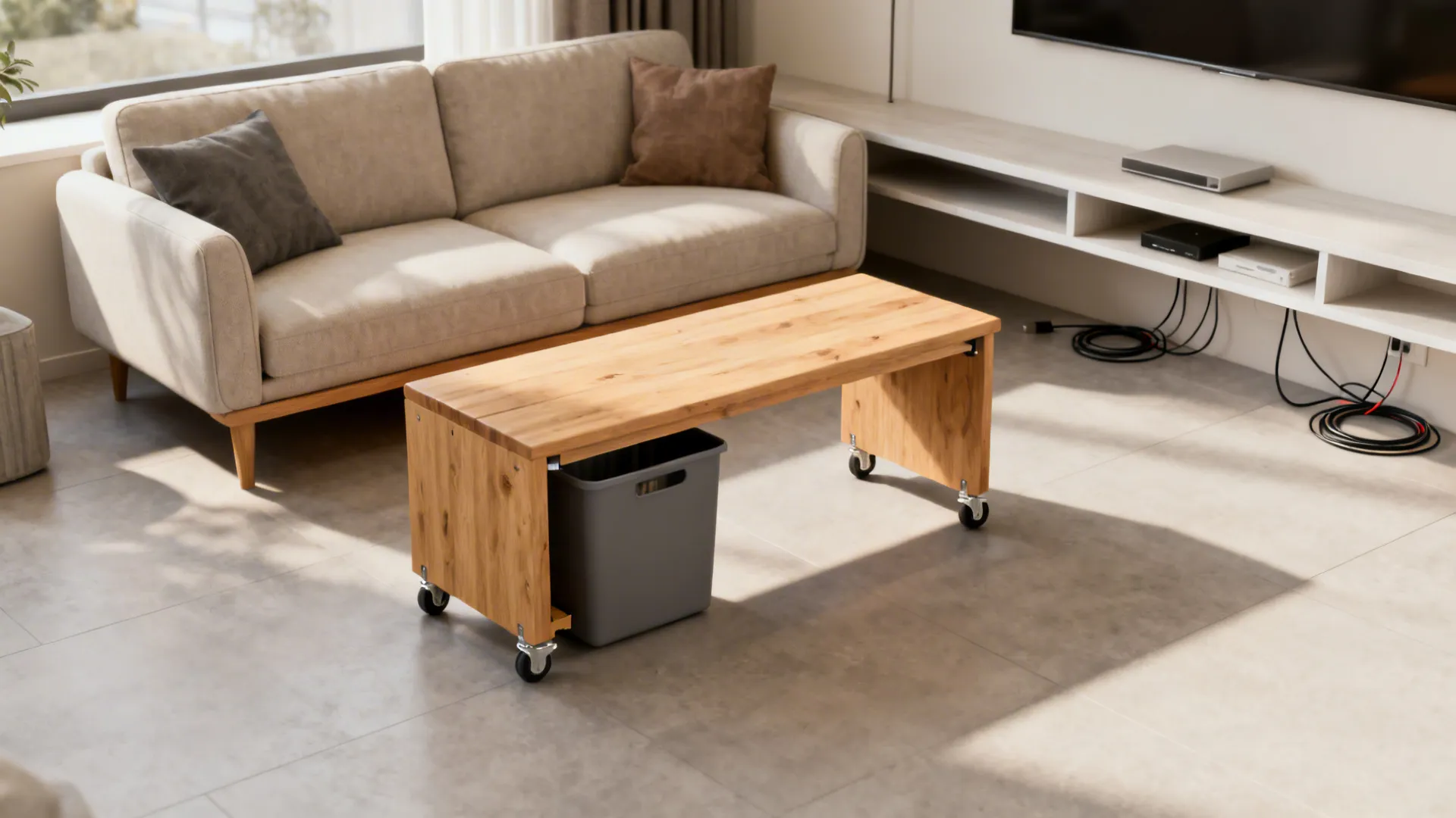 Slim pine bench on locking casters serving as a coffee table in a small living room.