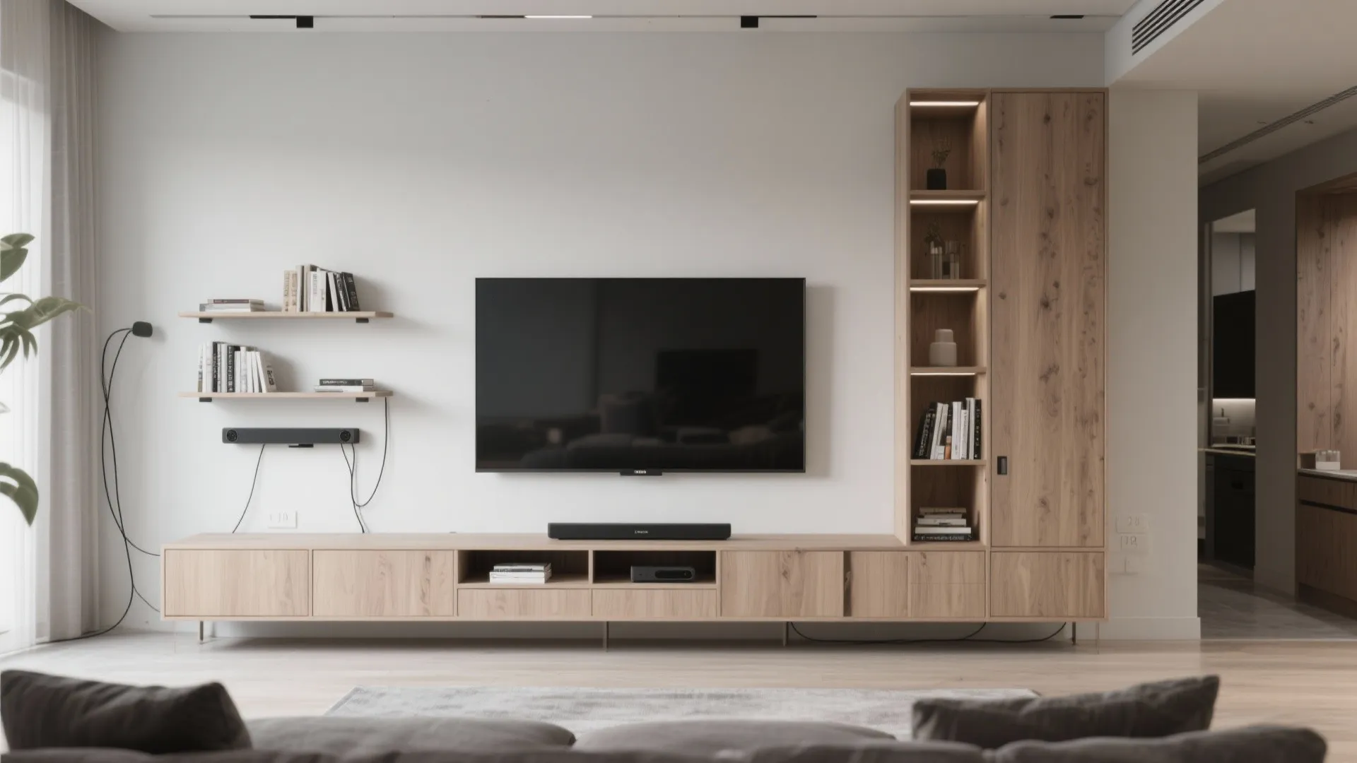 Modular low bench + tall side storage (asymmetry done right)