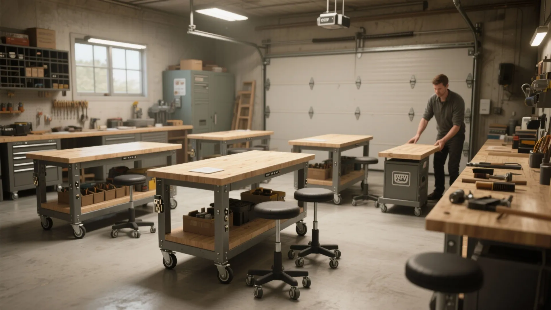 Man moving a wooden workbench on wheels in a large garage with several work tables
