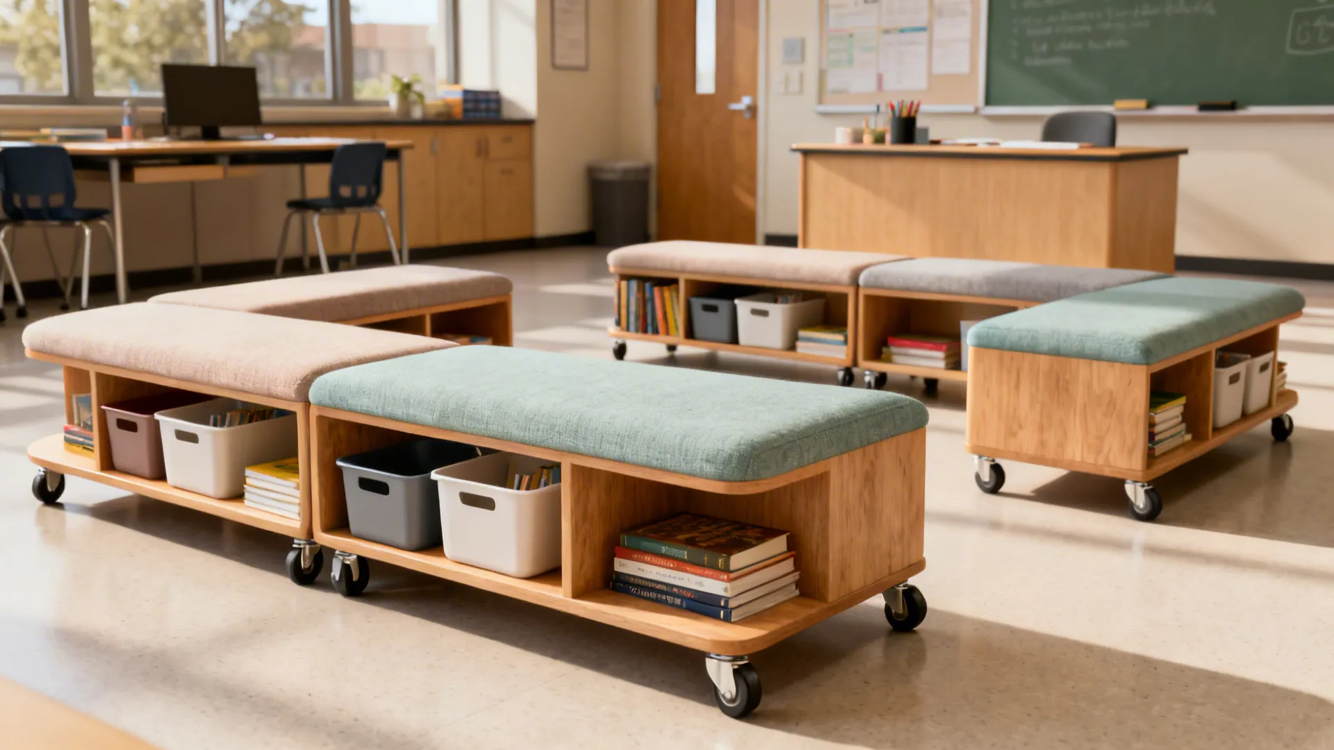 Modular benches with built-in storage arranged into reading and group-work zones in a small classroom.