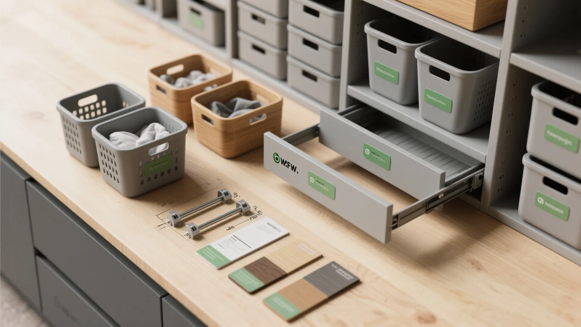 Organized workbench with grey plastic bins wooden storage boxes open drawers and interior design samples