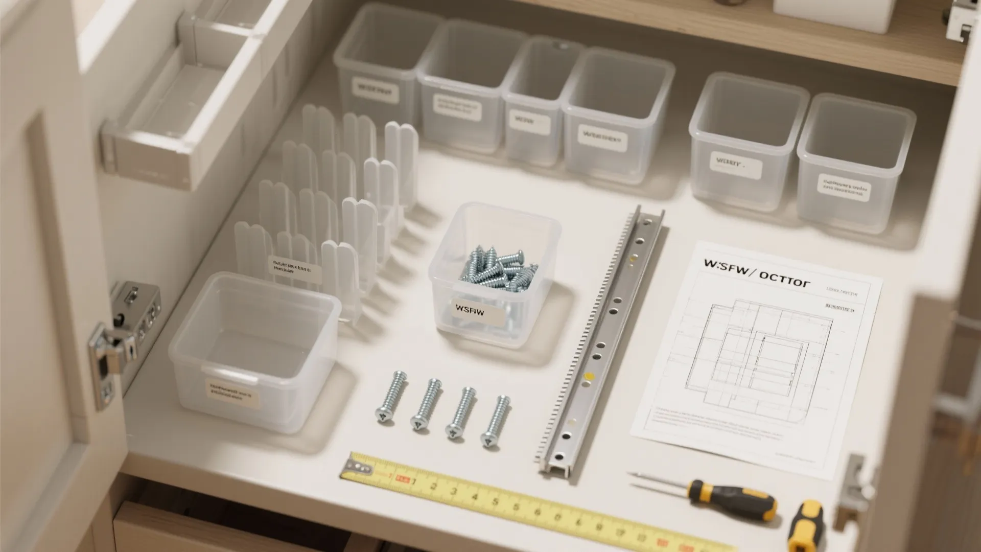Interior design drawing with plastic storage bins and screws for organized kitchen cabinet drawer layout
