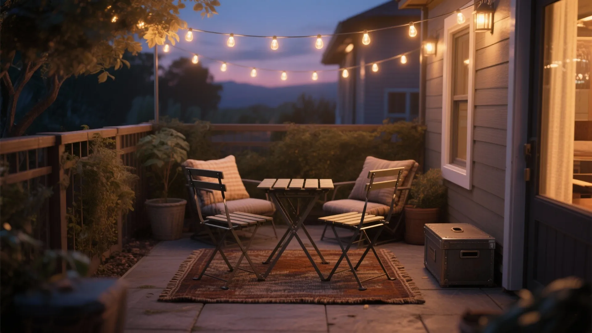 Cozy outdoor patio at night with string lights over a small wooden table and chairs