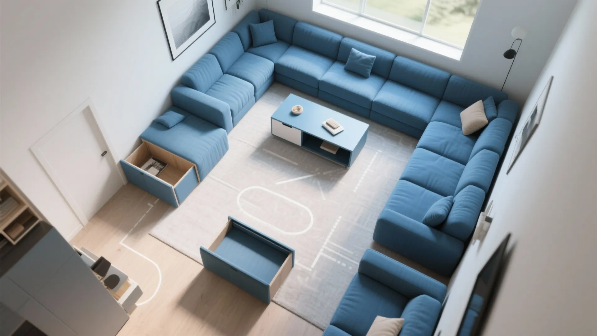Top-down view of modular blue sectional in different layouts showing flexibility and storage