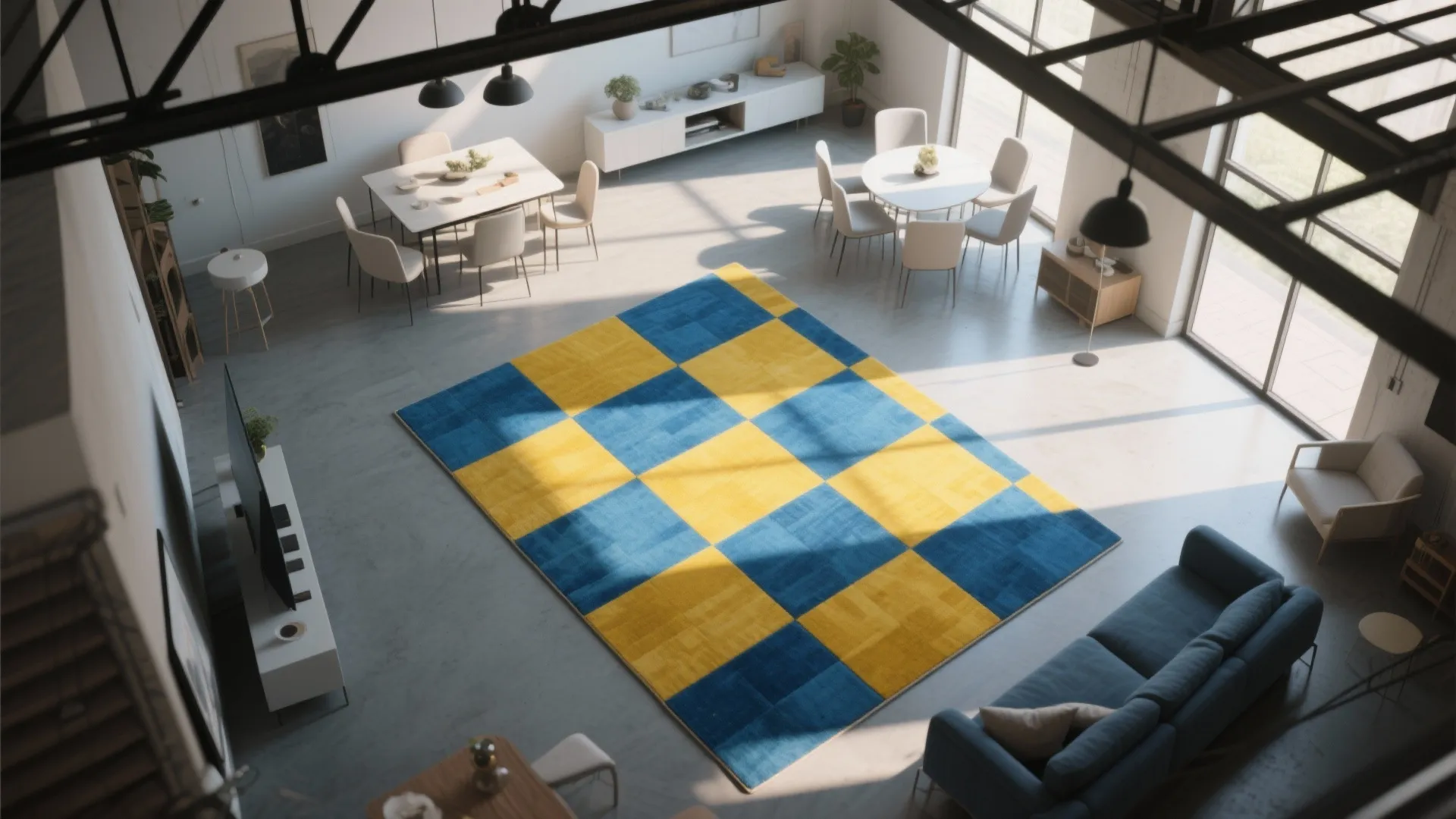 Modern open living room with a blue and yellow checkered rug and light grey sofa