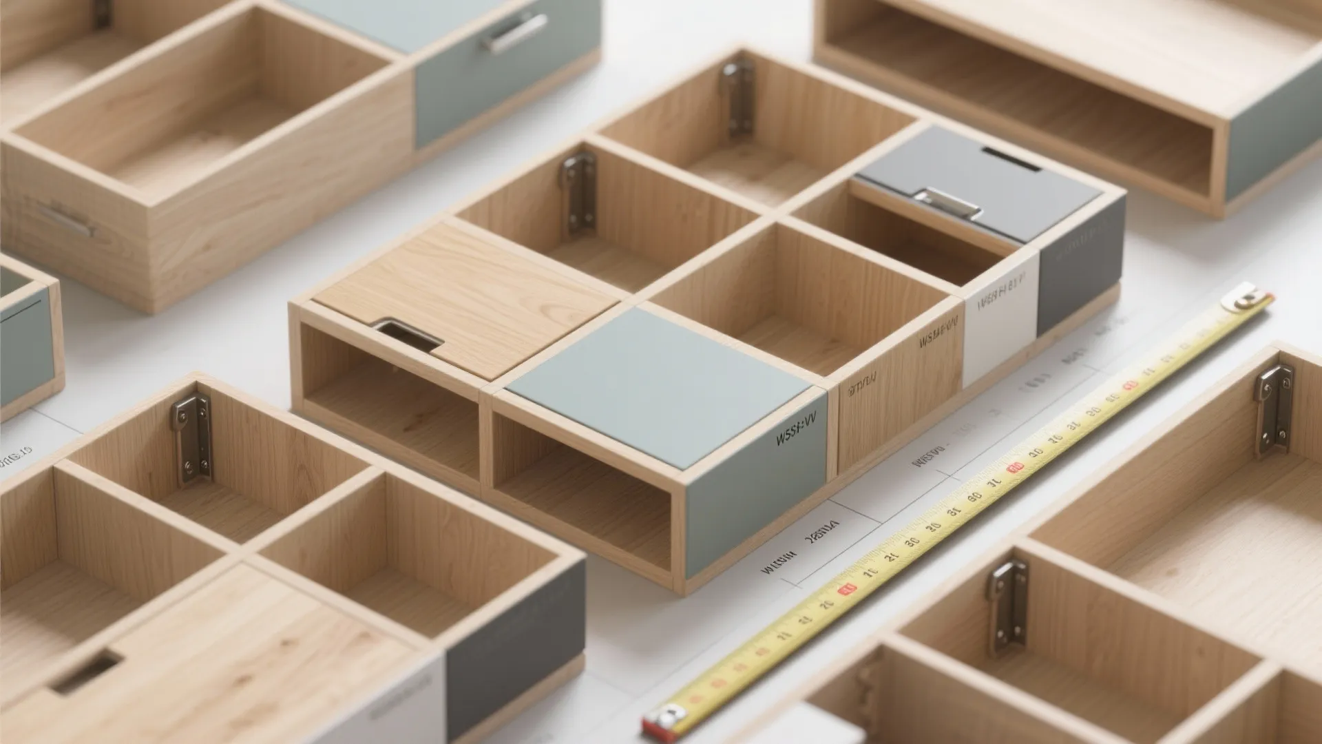 Wooden modular storage boxes with blue and grey accents next to a yellow measuring tape