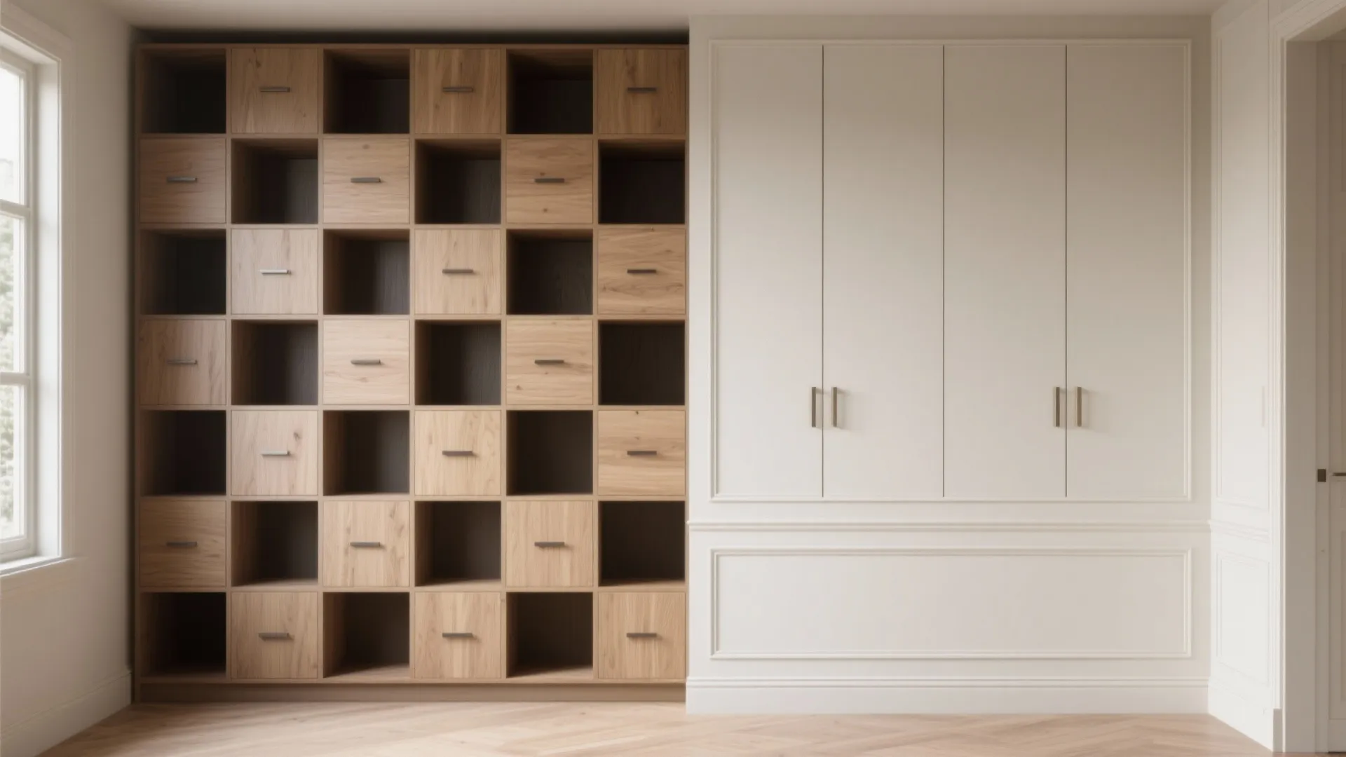 Modern wall cabinet with open wooden cubicles and white closed doors in a bright room