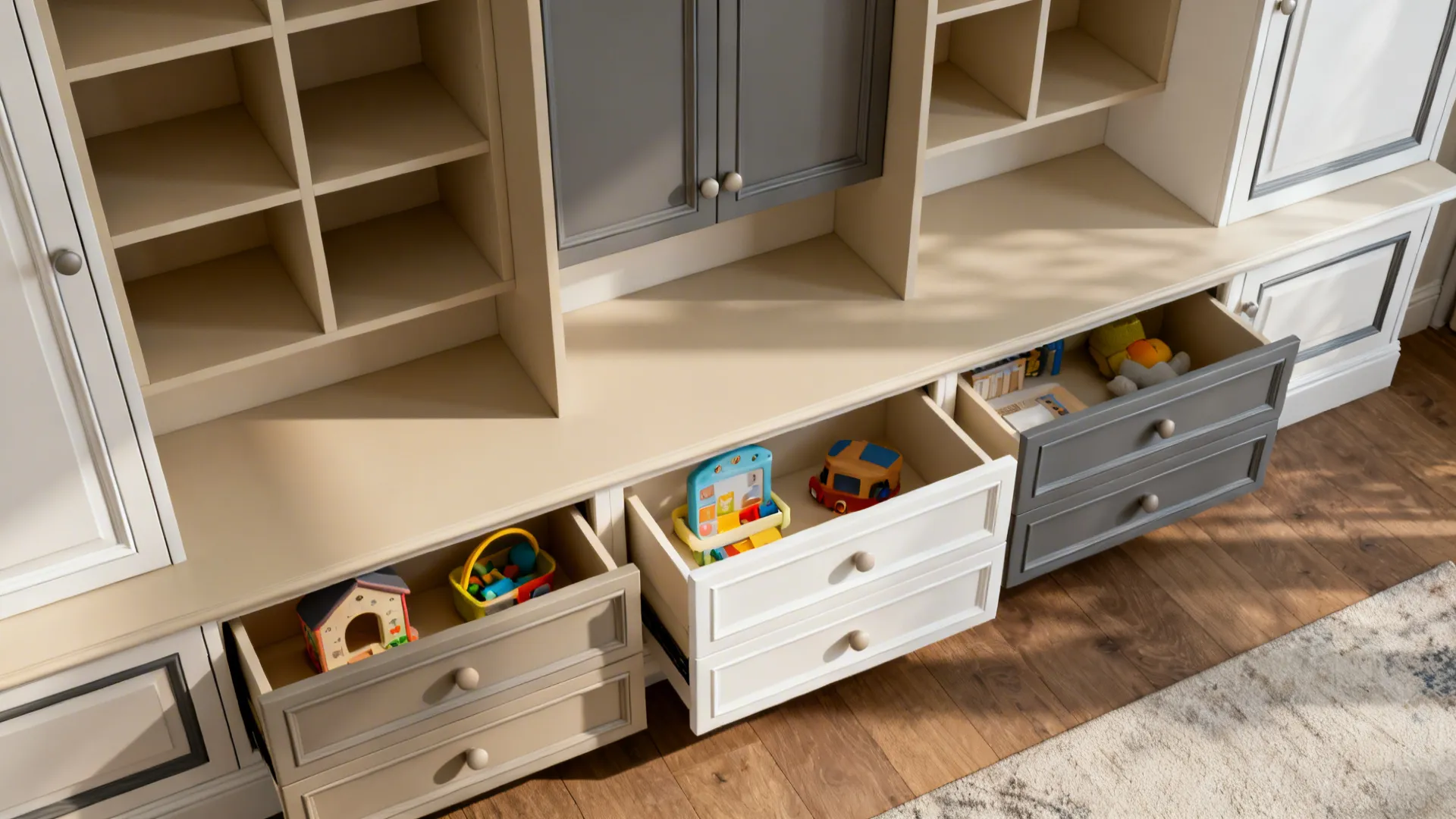 Modular built-ins displayed in different configurations with base cabinets and removable upper modules in a living room.