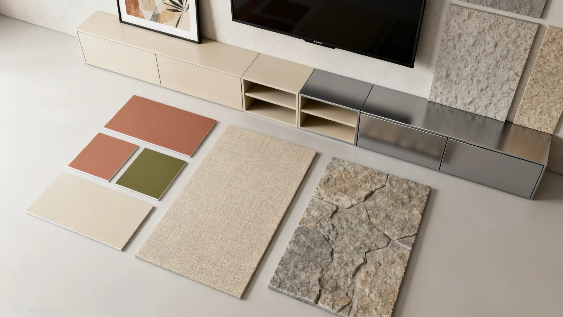 Material and color samples for modular built-ins and textured panels to balance a TV wall