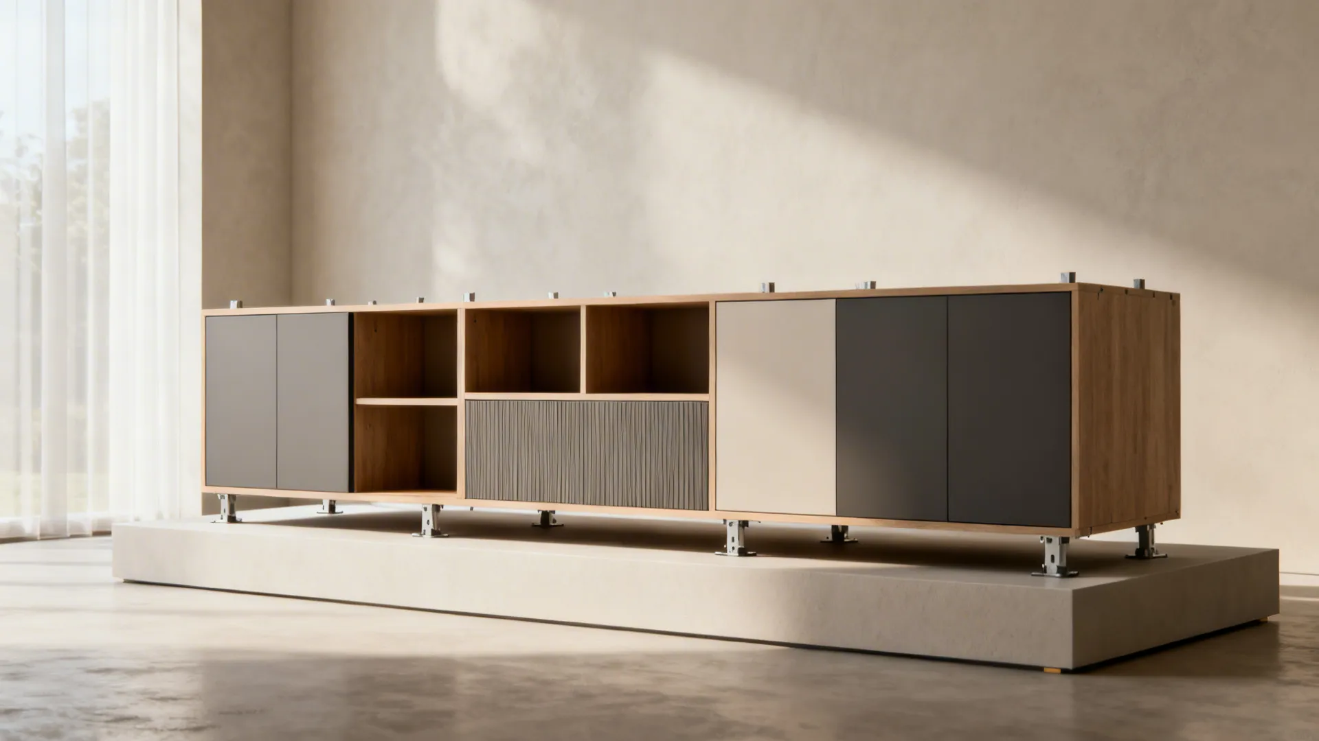 Modern wood cabinet with grey doors and open shelves standing on a platform in sunlight