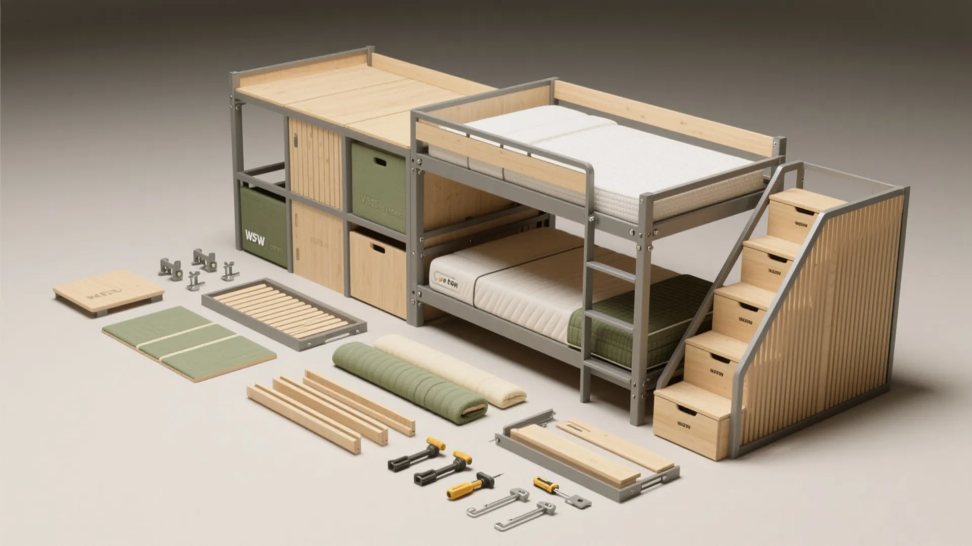 Top-down flatlay of modular bunk components including frames, connectors, slim mattresses and storage elements.