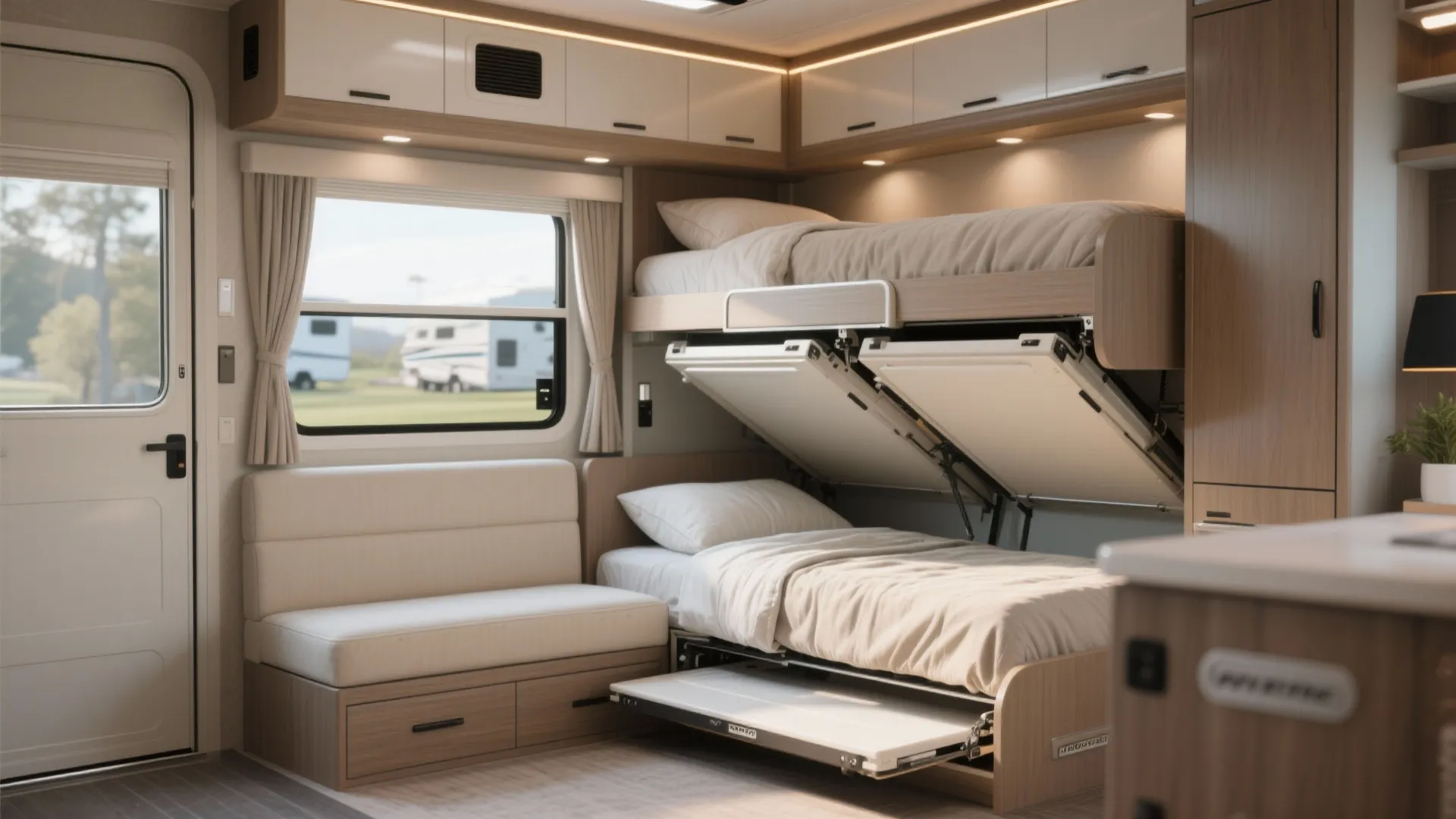 Modular bunks folded into a bench with convertible queen bed option in a 5th wheel bedroom