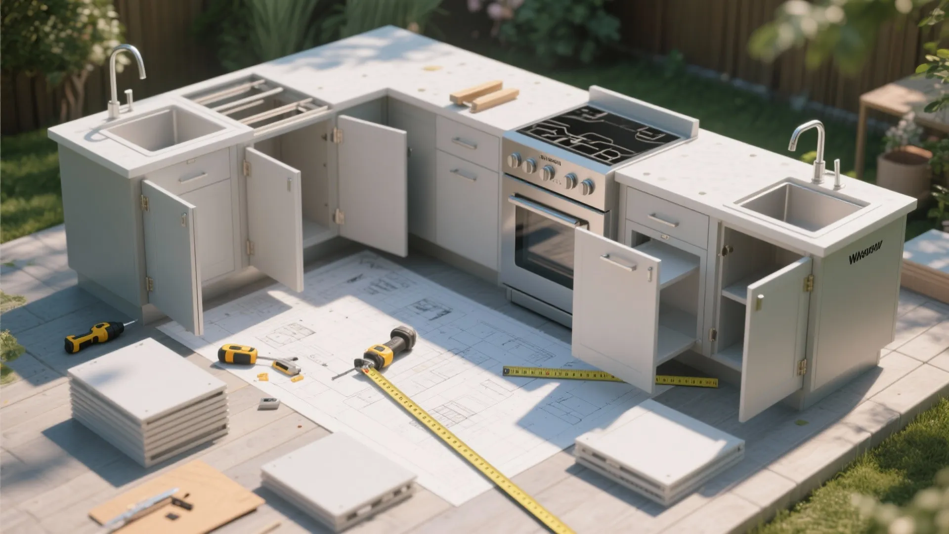 Interior design drawing with tools showing assembly process of white cabinets and outdoor kitchen stove