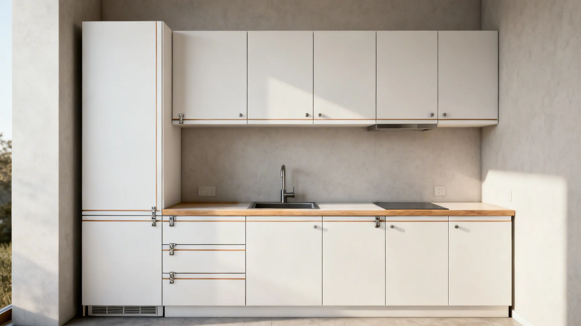 Compact kitchen with clearly sized modular cabinets and realistic hardware spacing in soft daylight.
