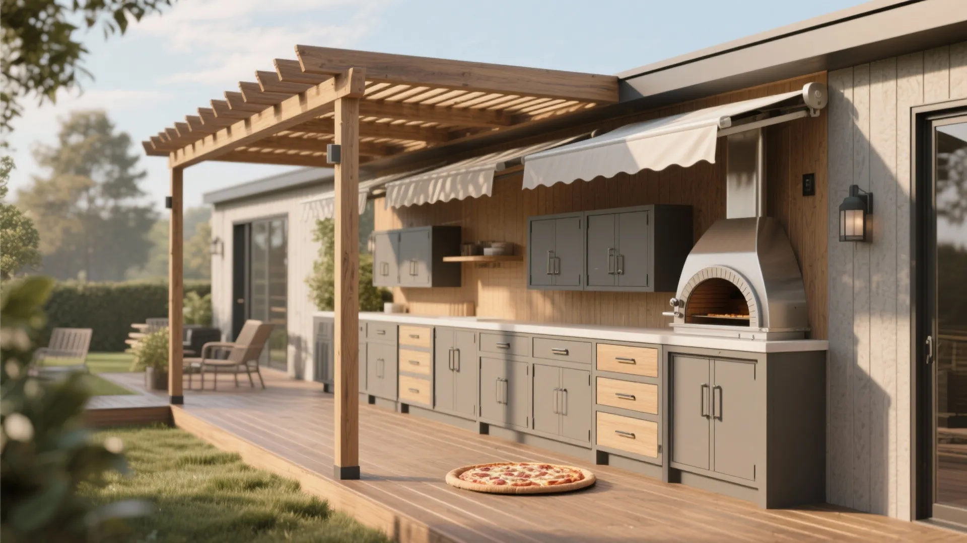 Outdoor patio kitchen area with grey cabinets wooden pergola white awning and a pizza oven