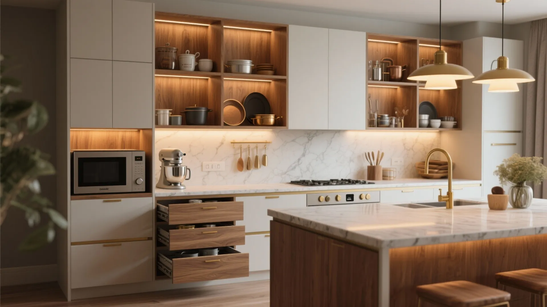 Modular kitchen wall cabinet with open wood shelves lighting built in microwave and gold faucet