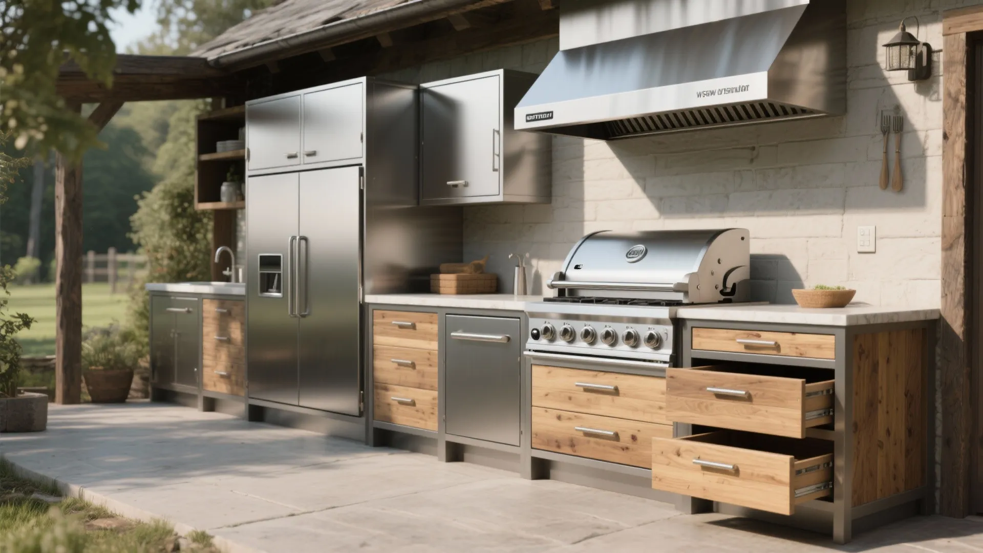 Modular stainless appliance modules and wood base frames with an emphasis on a quality grill in a rustic outdoor kitchen.