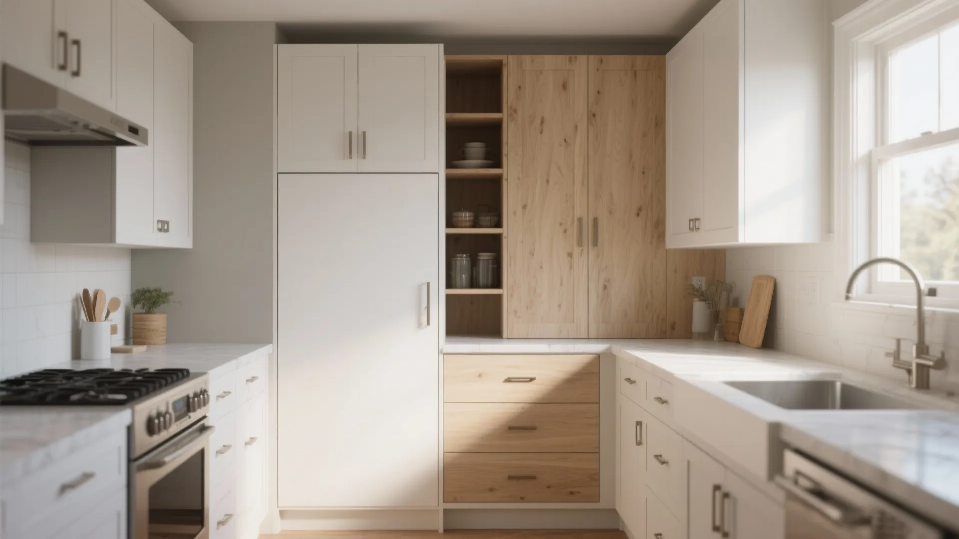 Small kitchen with semi-custom modular cabinets and a tall pantry unit maximizing vertical storage.
