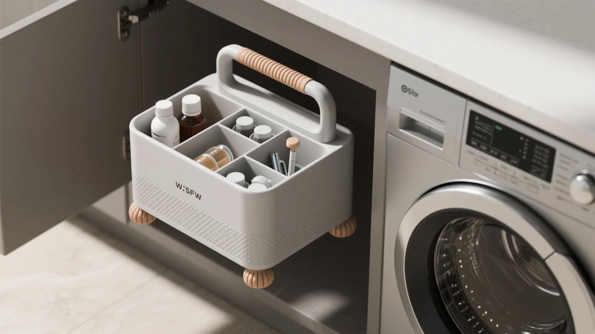 Portable white storage caddy with wooden handle holding small bottles next to a washing machine