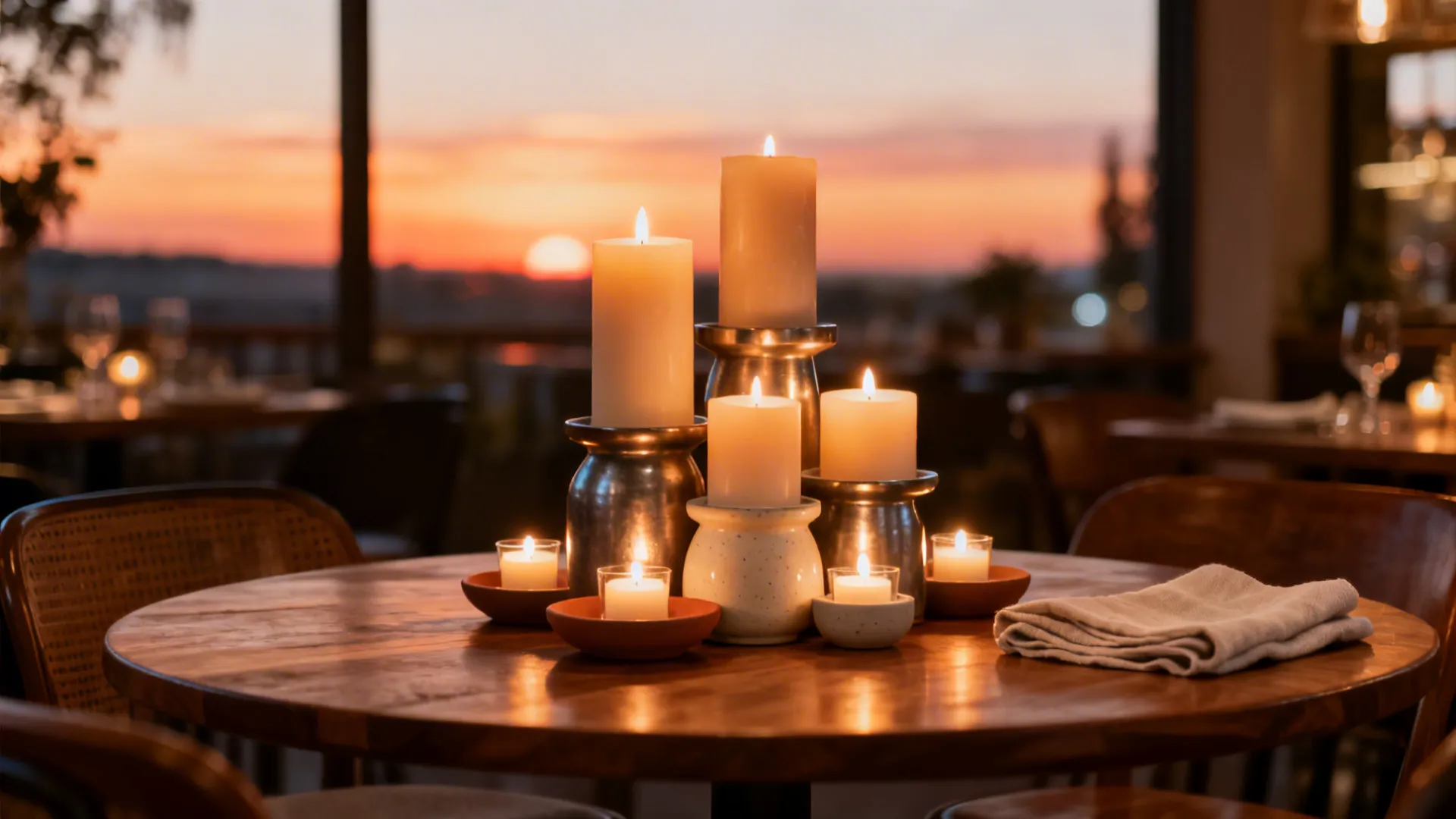 Modular candle cluster on a small table with mixed pillar and tea lights creating warm glow.