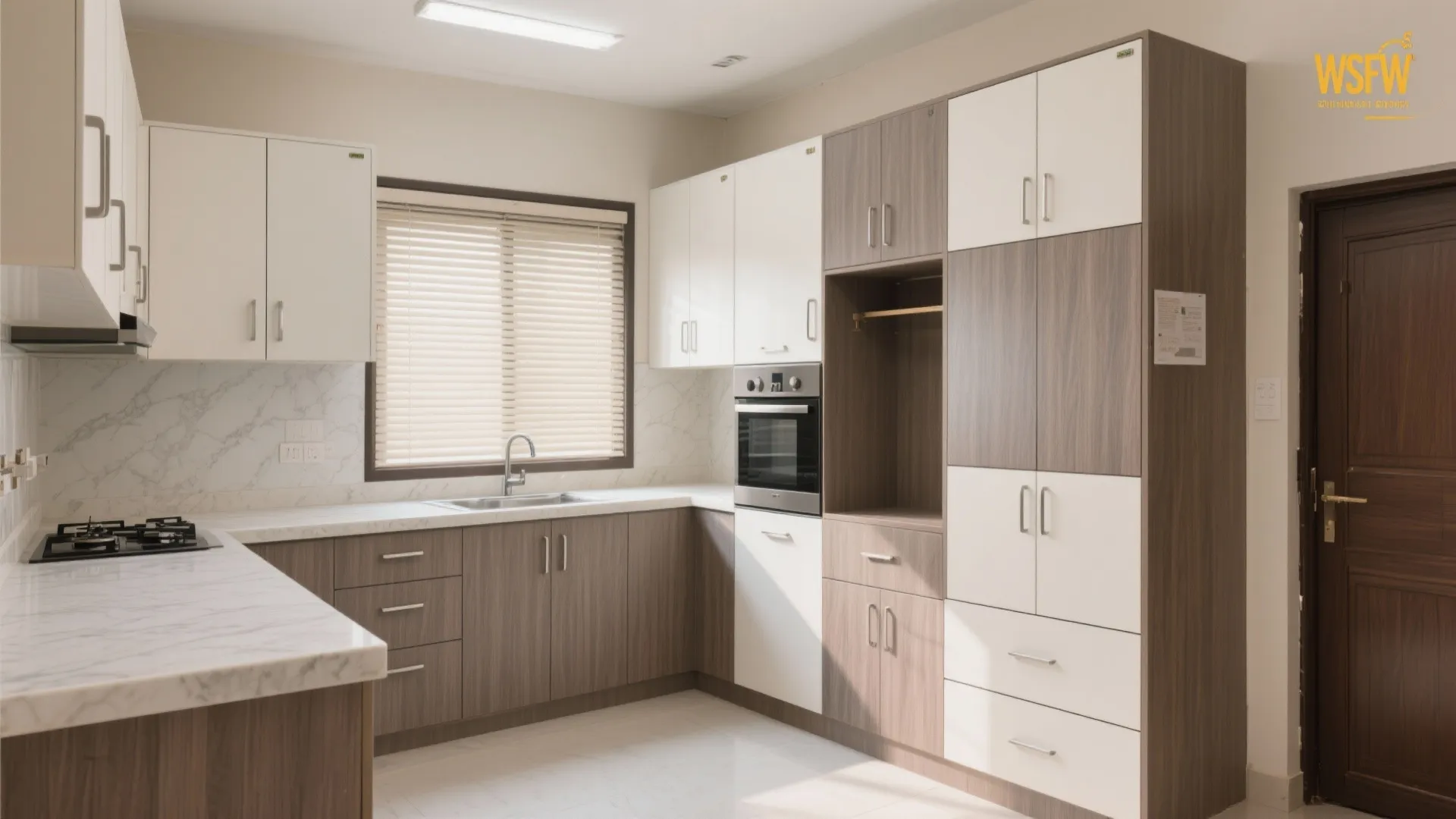 Modern kitchen with white and wood cabinets marble countertop built in oven and window blinds
