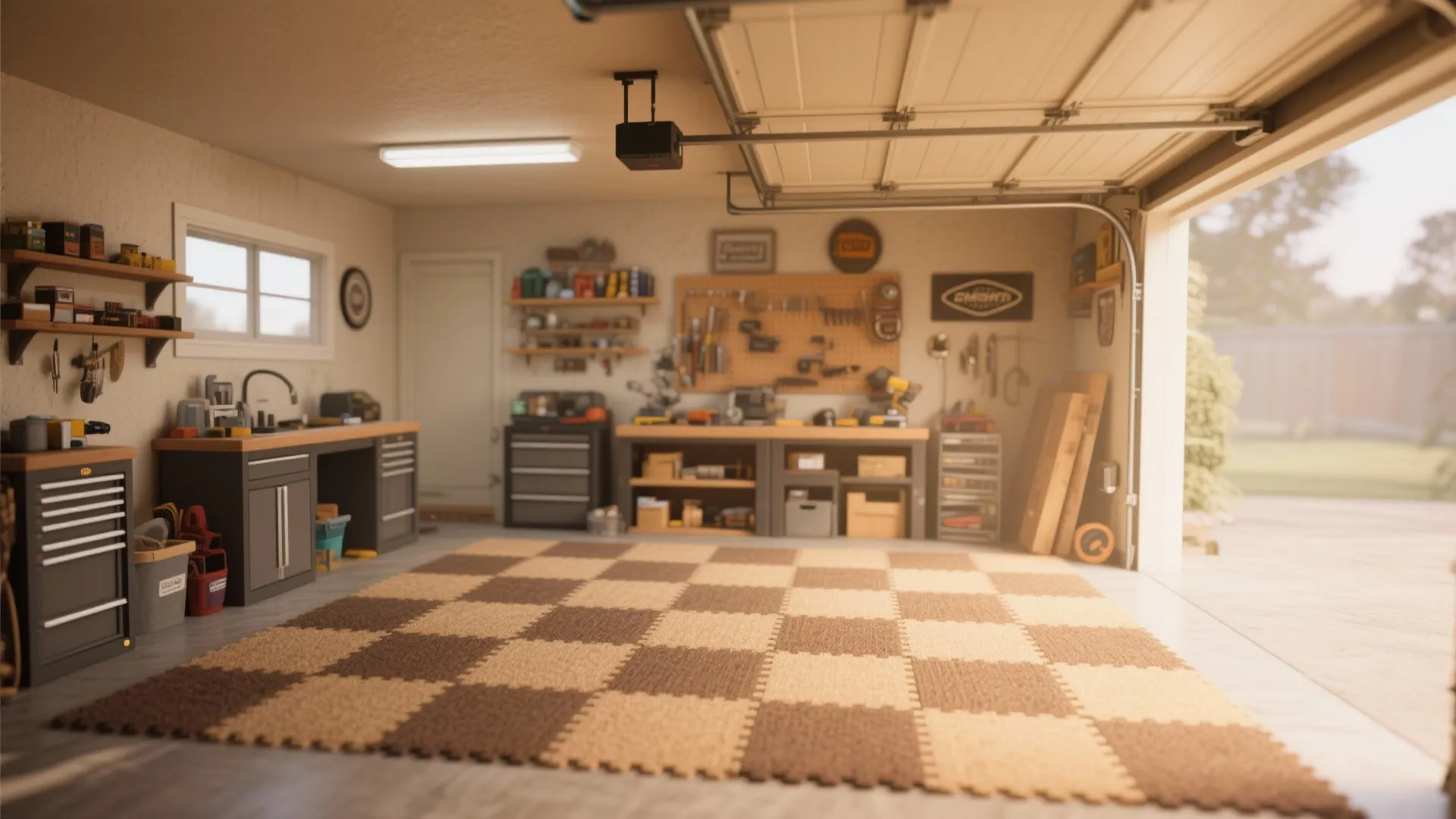 Organized garage interior featuring brown checkered floor tiles with workbench and tools on wall panels