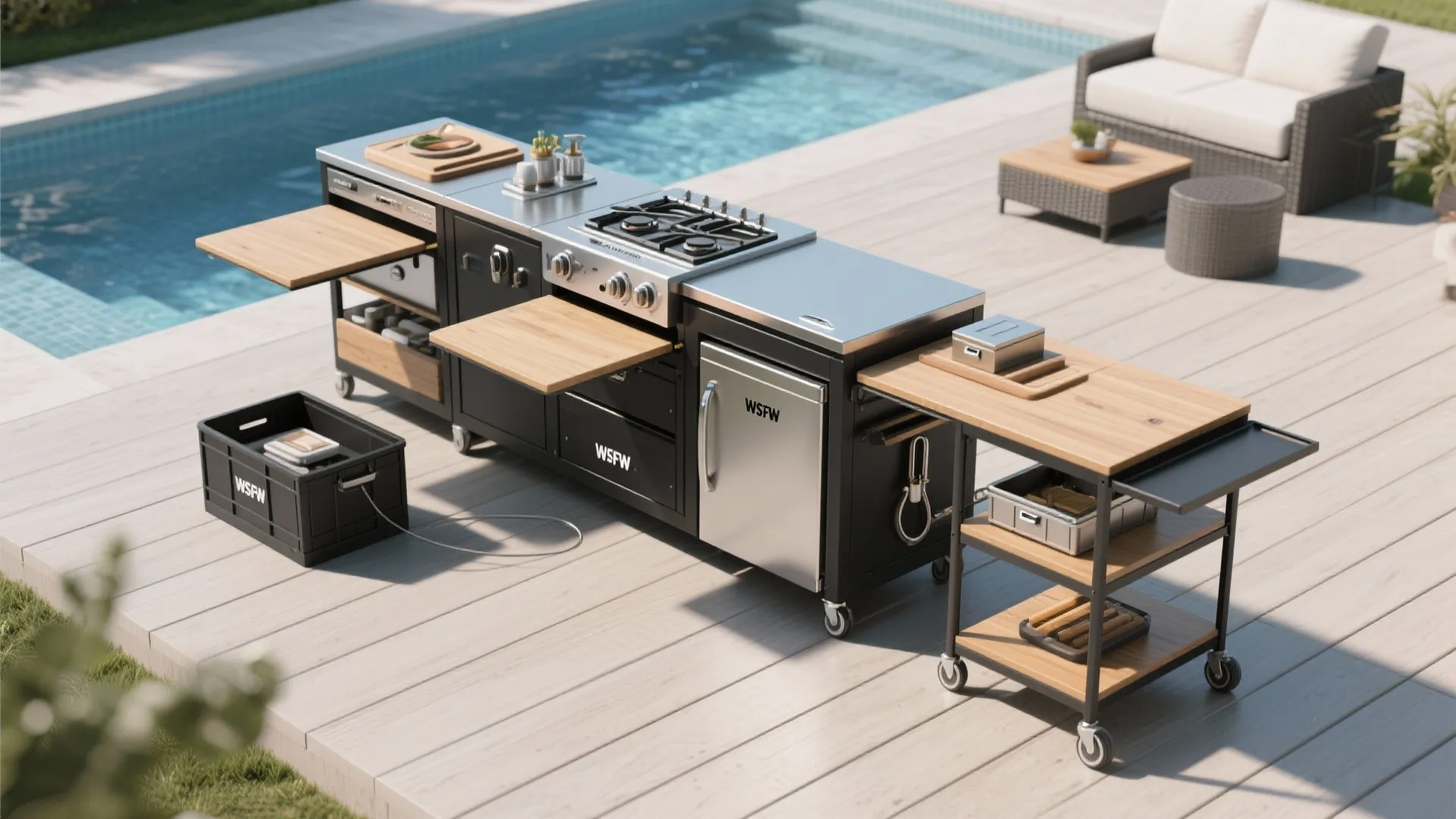 Black mobile outdoor kitchen island with wooden table tops and wheels on a wooden deck