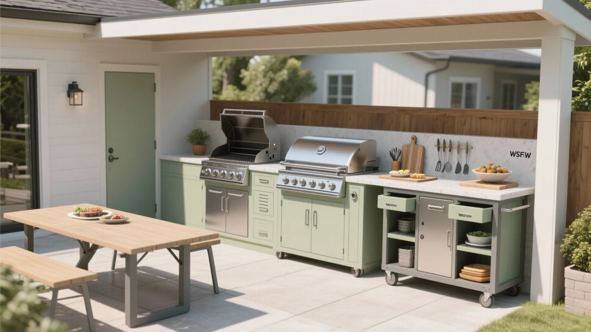 Modern outdoor cooking area featuring green cabinets stainless steel grill and a wooden dining table