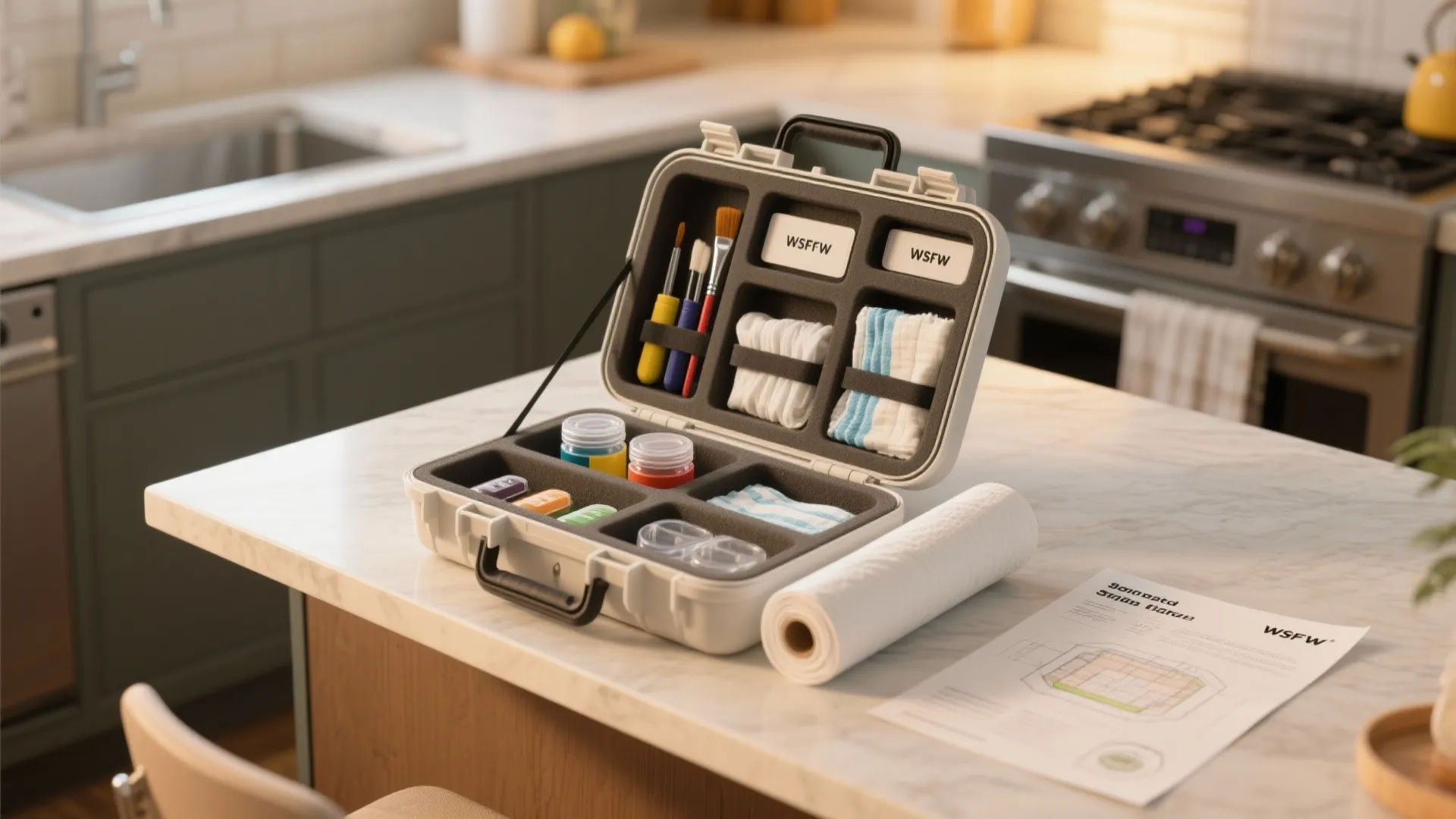 Open portable kit with art supplies on a kitchen counter next to an interior design drawing