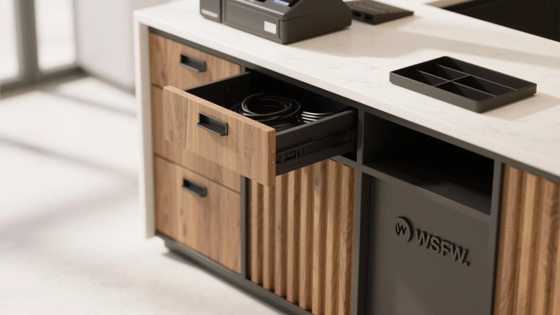 Close up of a wooden cash counter with an open drawer showing black cable wires
