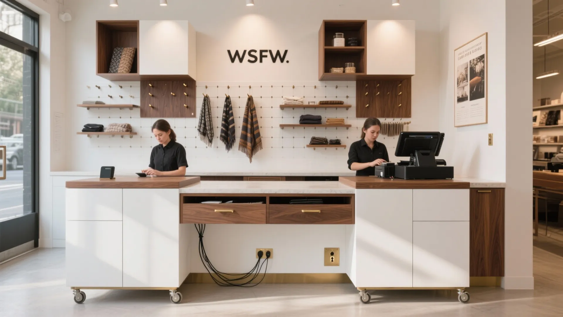 Retail store service counter with white cabinets and wood tops featuring two staff members working
