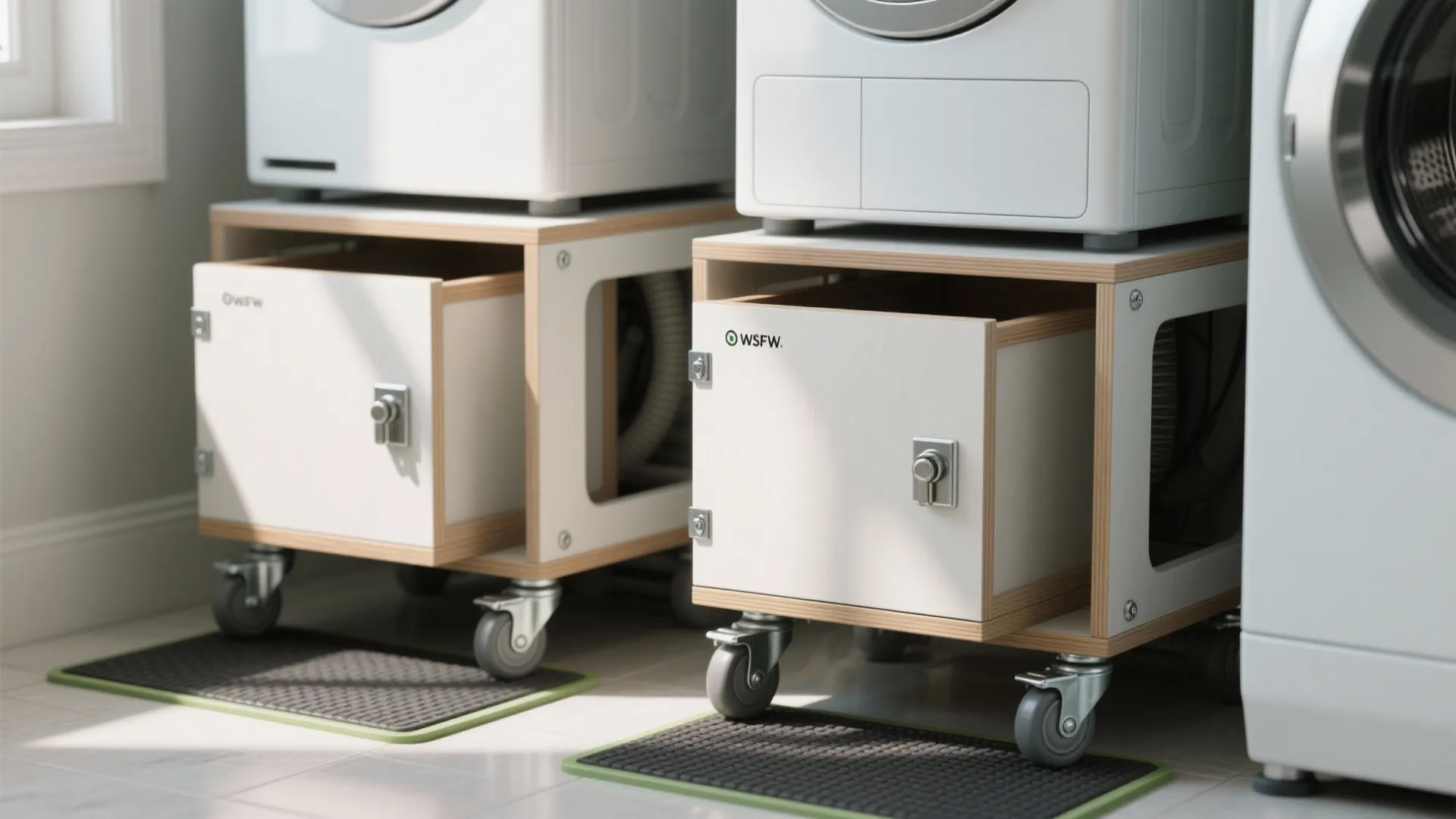 Two white washing machine bases with wheels and open drawers sitting on dark grey mats