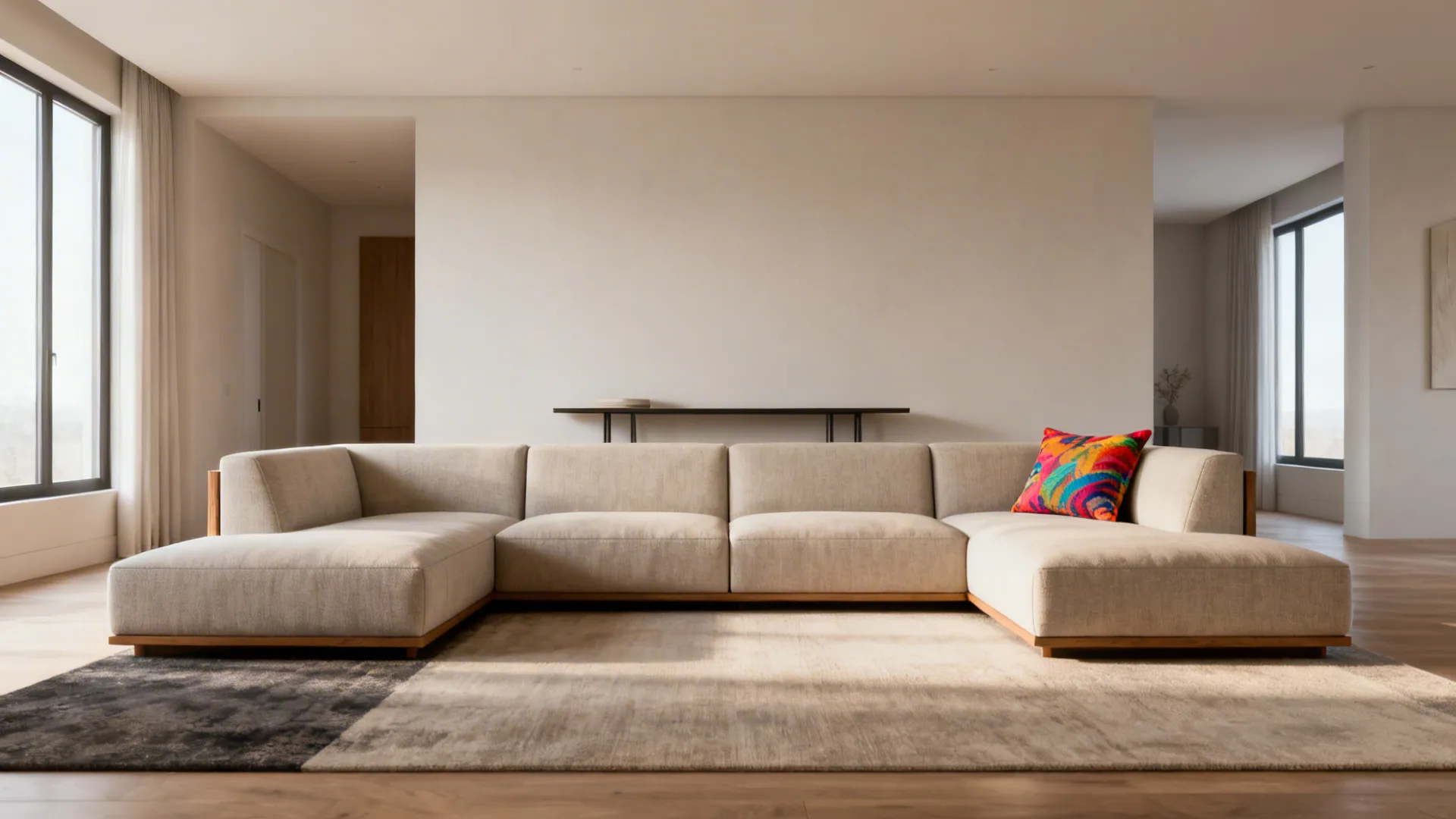 Centered low-profile modular sofa defining the seating zone in a double-wide living room