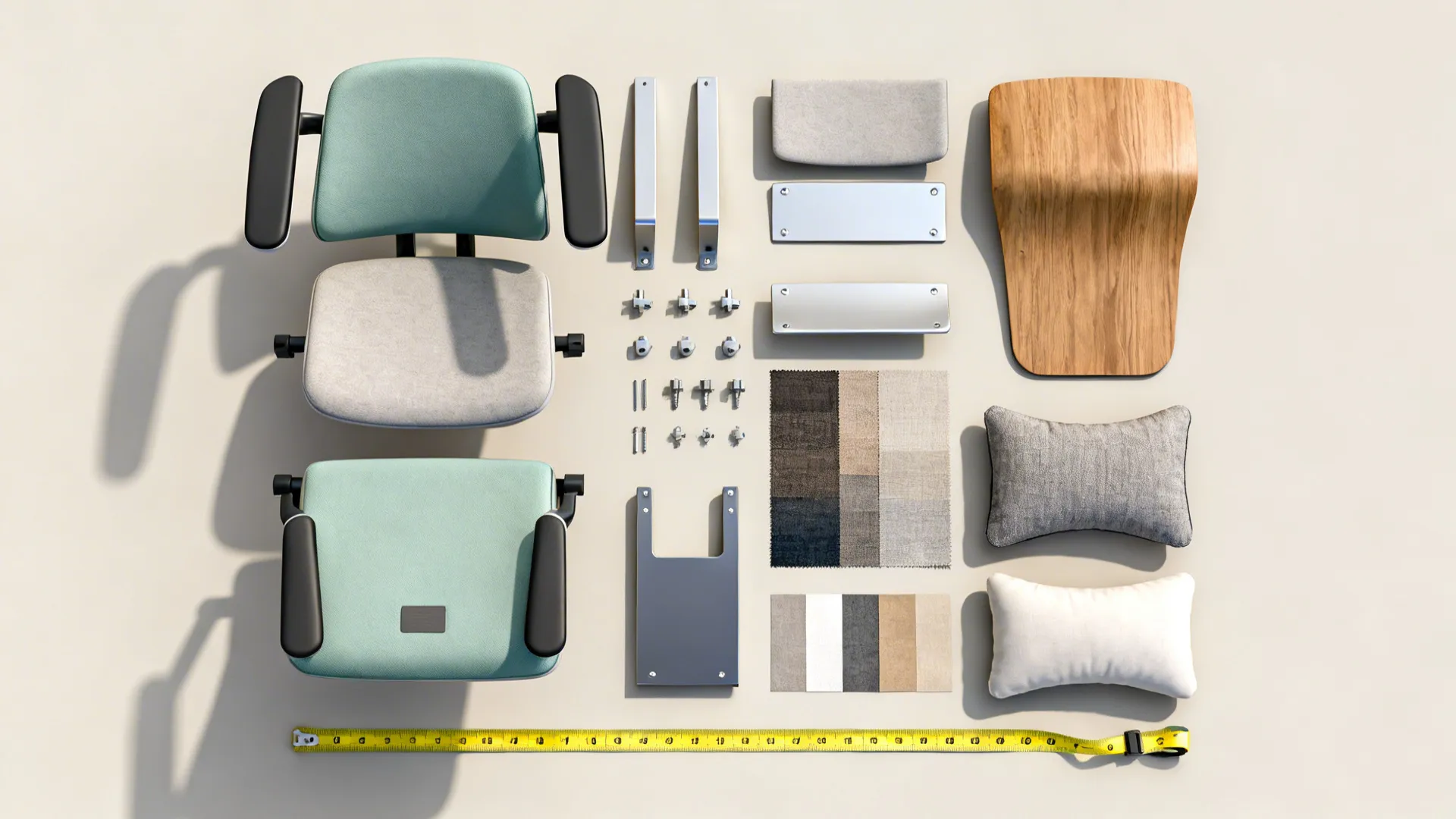 Top-down flatlay of modular chair components, removable arms and fabric swatches