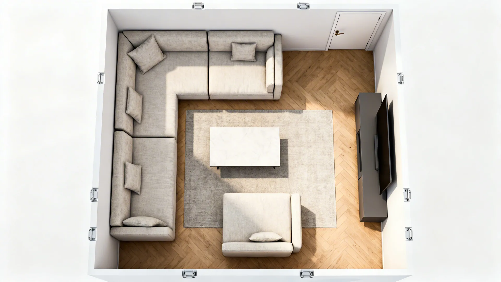 Top-down layout of a modular L-sofa with detachable chaise and clearances.