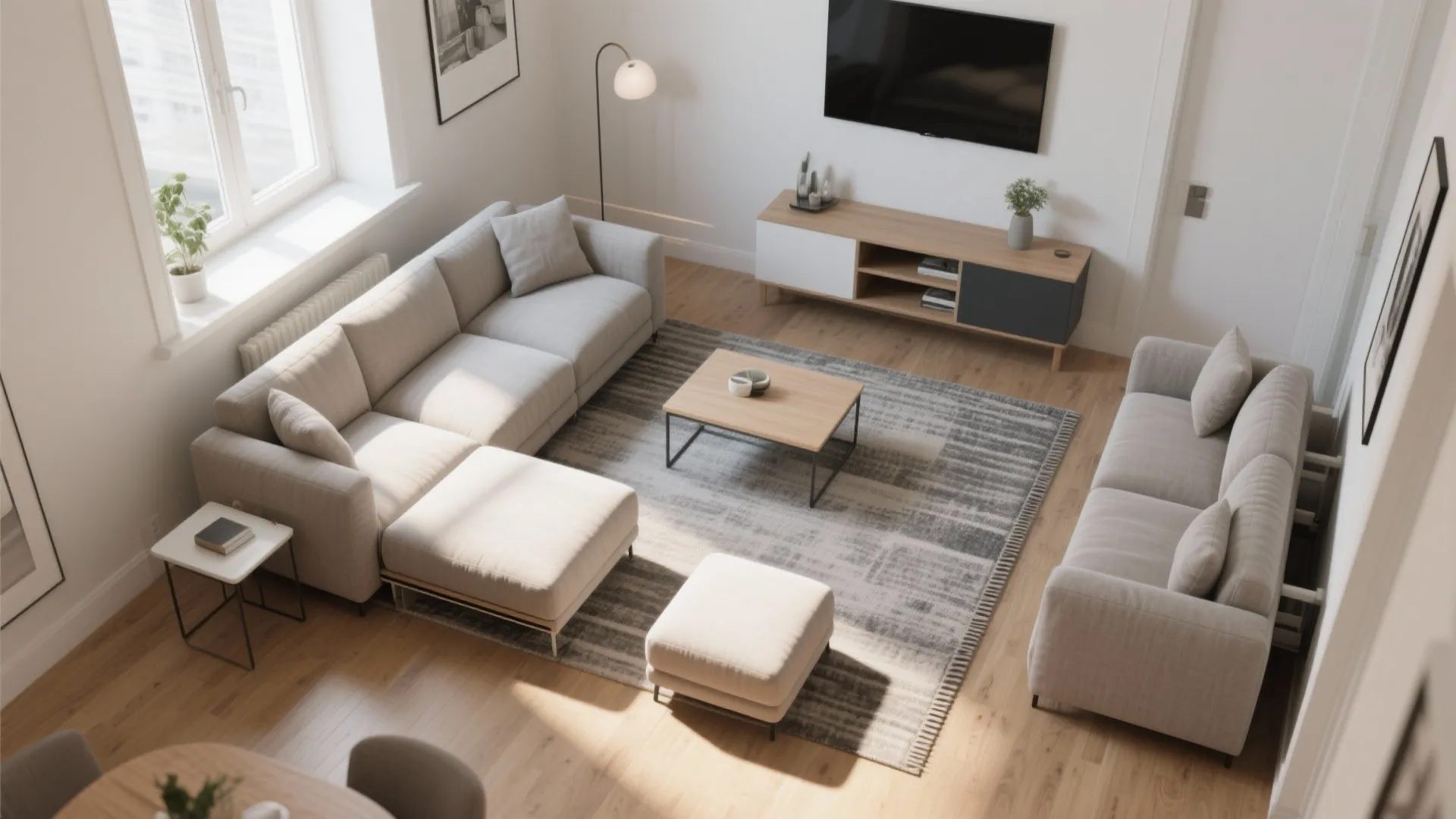 High angle modern living room with beige sofa gray rug and wooden coffee table wood floor