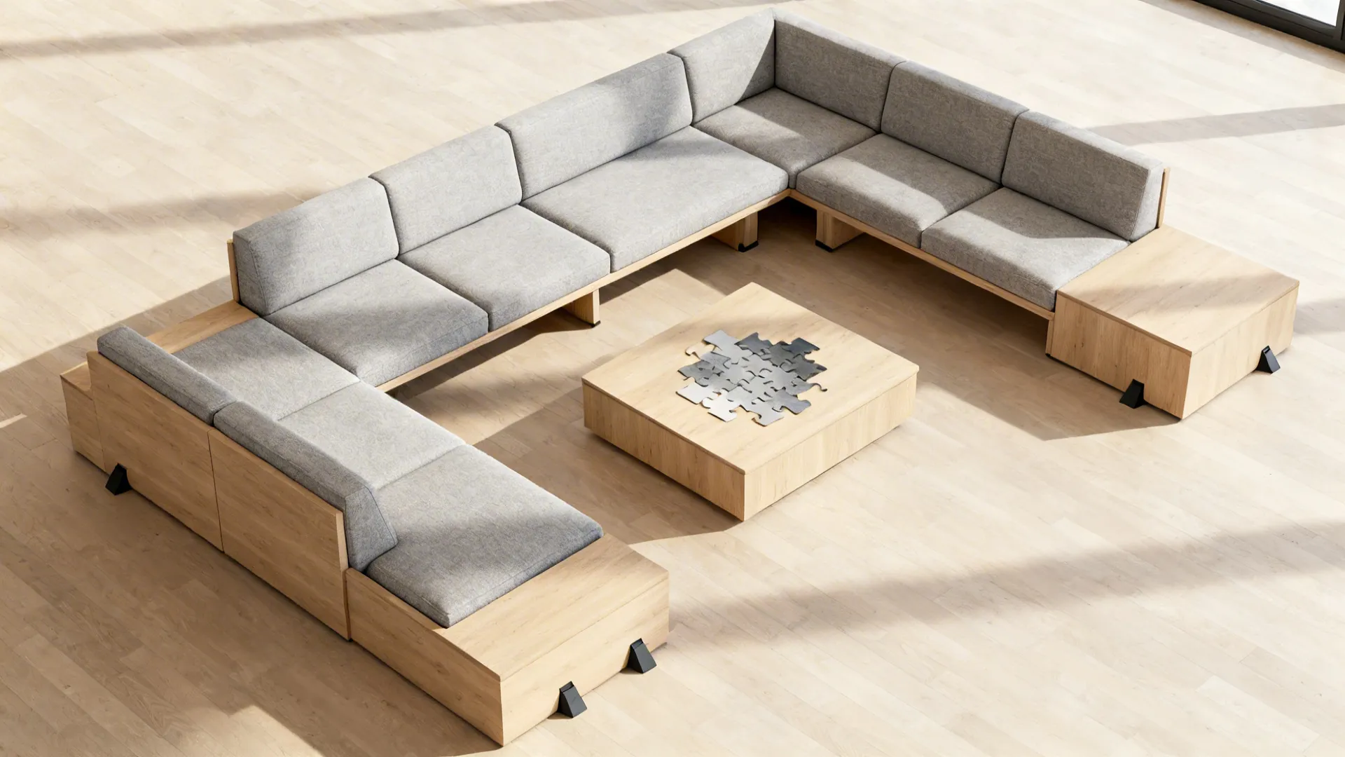 Top-down view of a modular L-shaped sectional with reversible chaise improving circulation.
