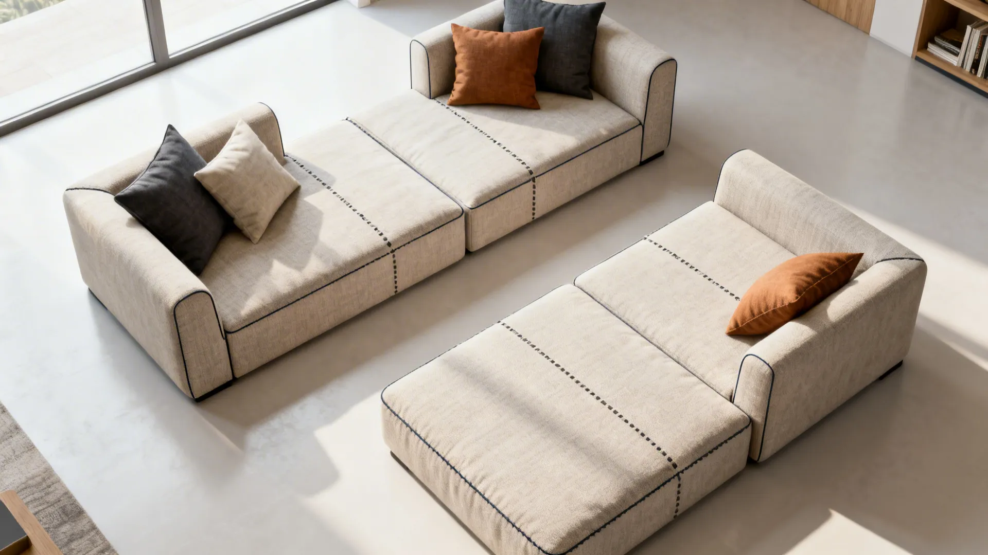 Top-down view of modular chair modules arranged as a daybed and separated layout