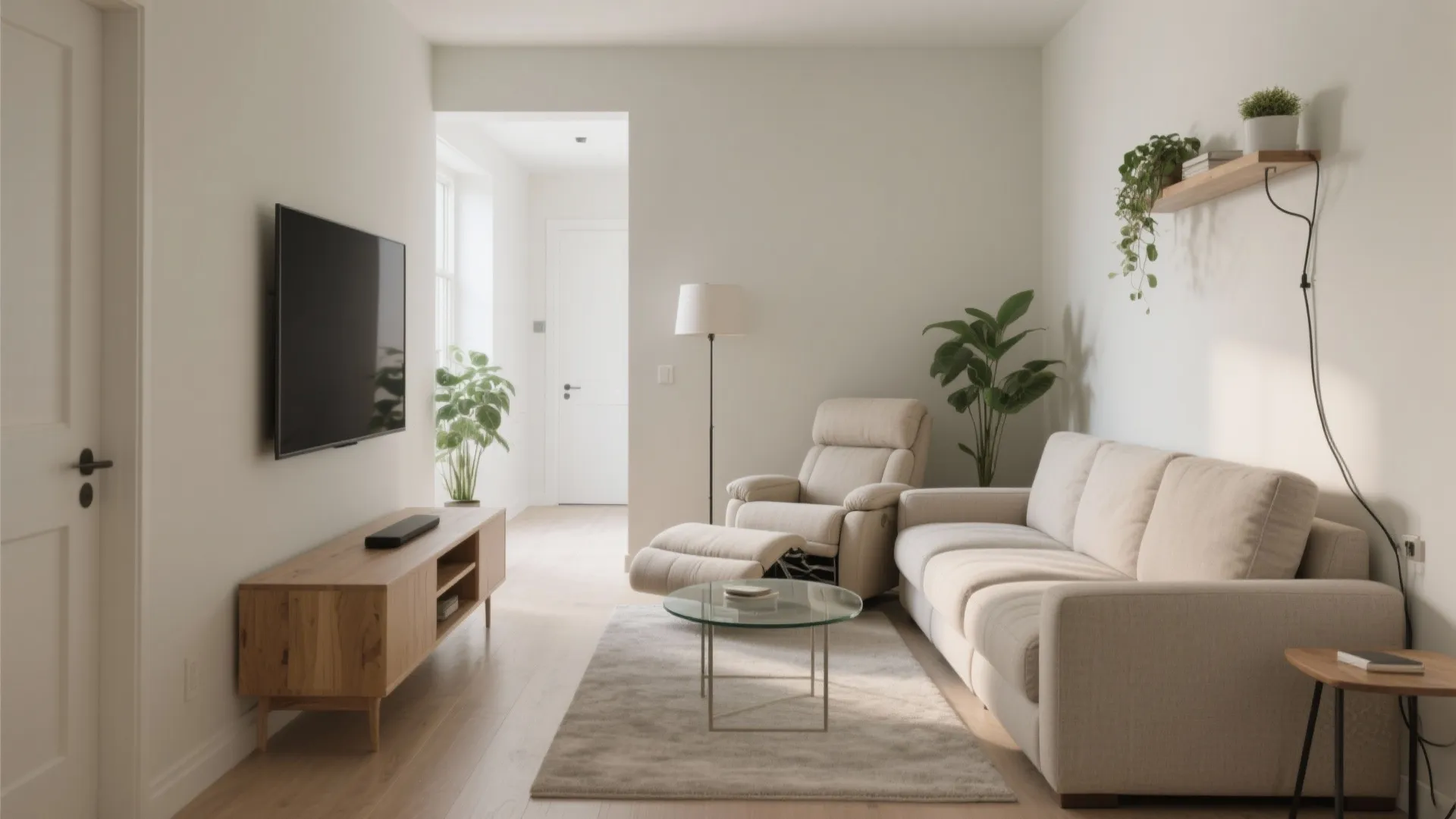 Bright modern living room with beige sofa, reclining chair, glass coffee table, wooden cabinet and plants