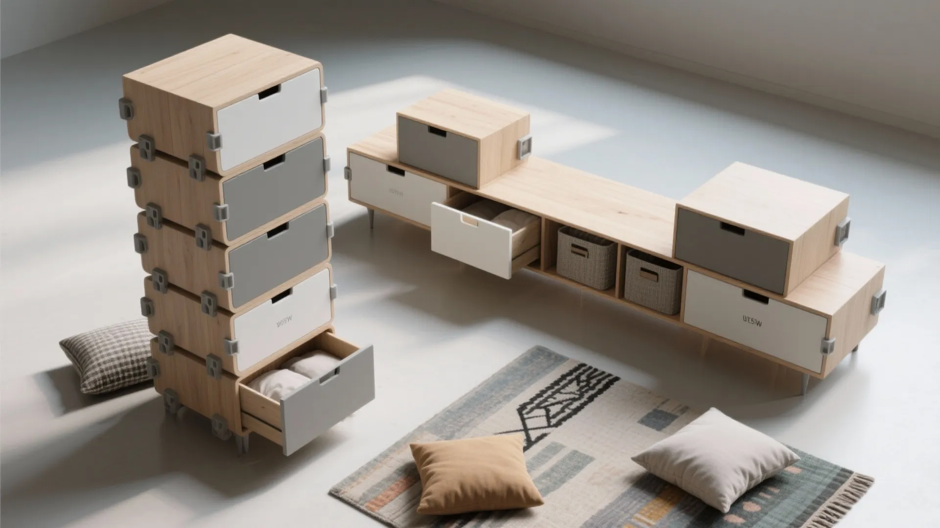 Top-down view of stackable modular chests shown in multiple configurations for flexible layouts.