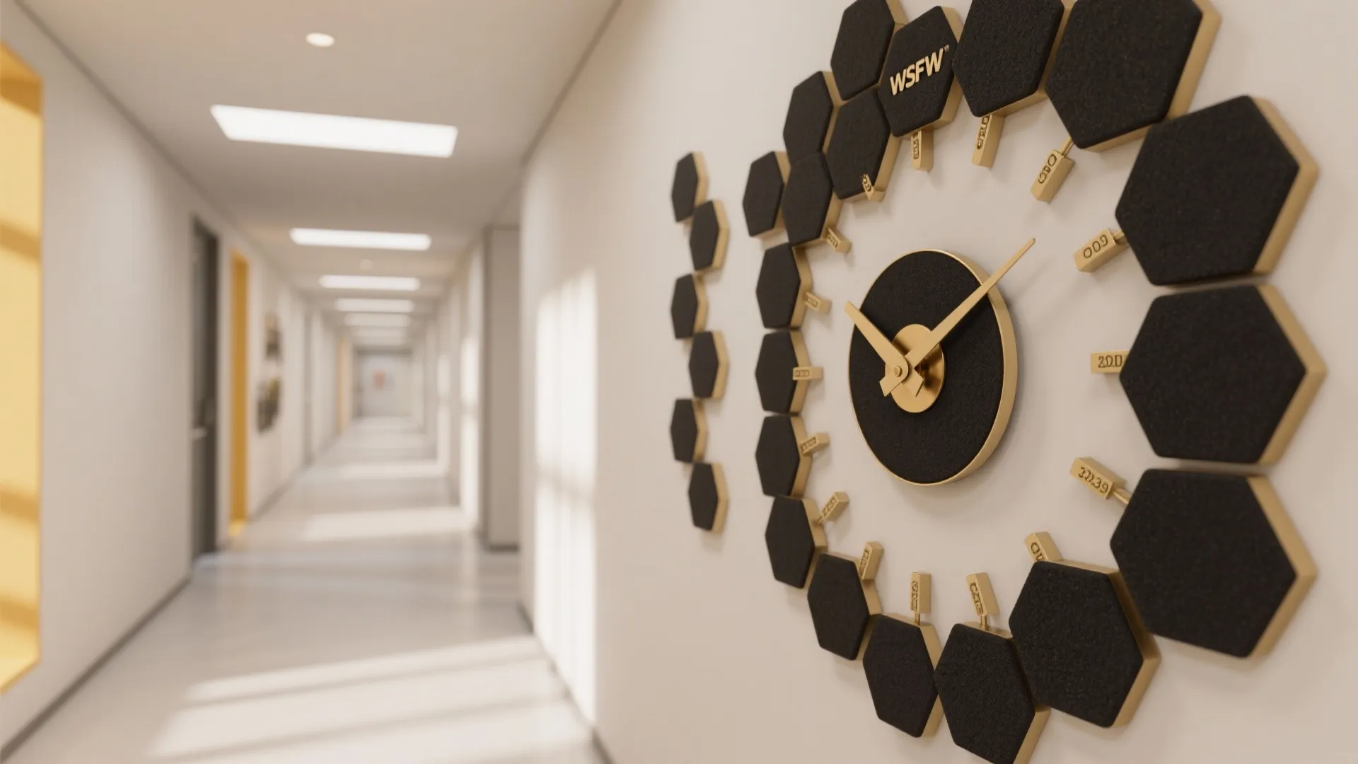 Modern black and gold hexagonal wall clock hanging in a bright long white office hallway