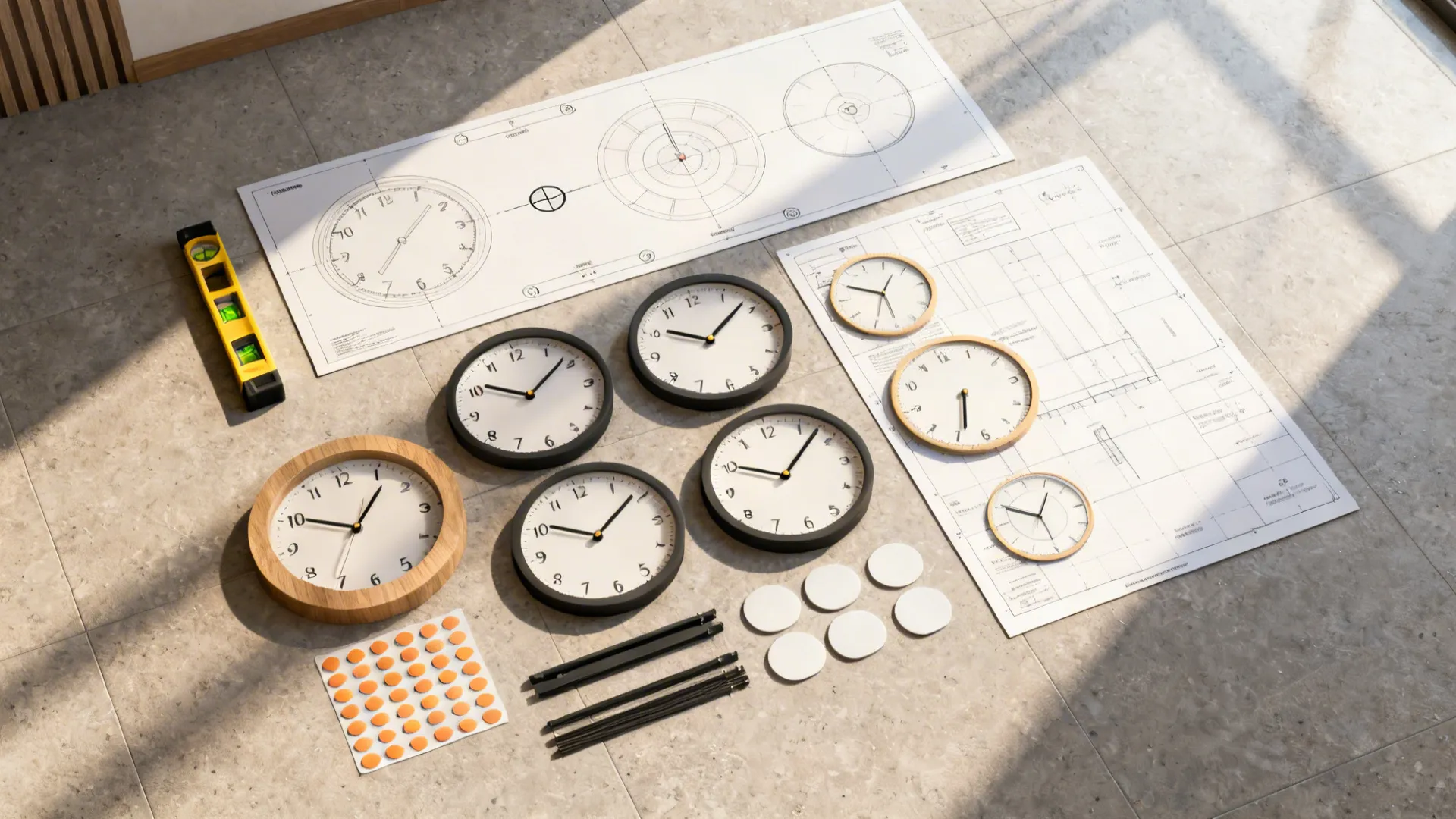 Various wall clocks, technical drawings, level tool, and clock parts arranged on a stone floor