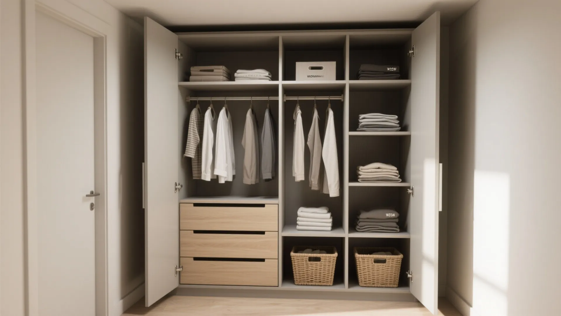 Compact modular closet in a small bedroom nook showing sturdy rails and adjustable shelving