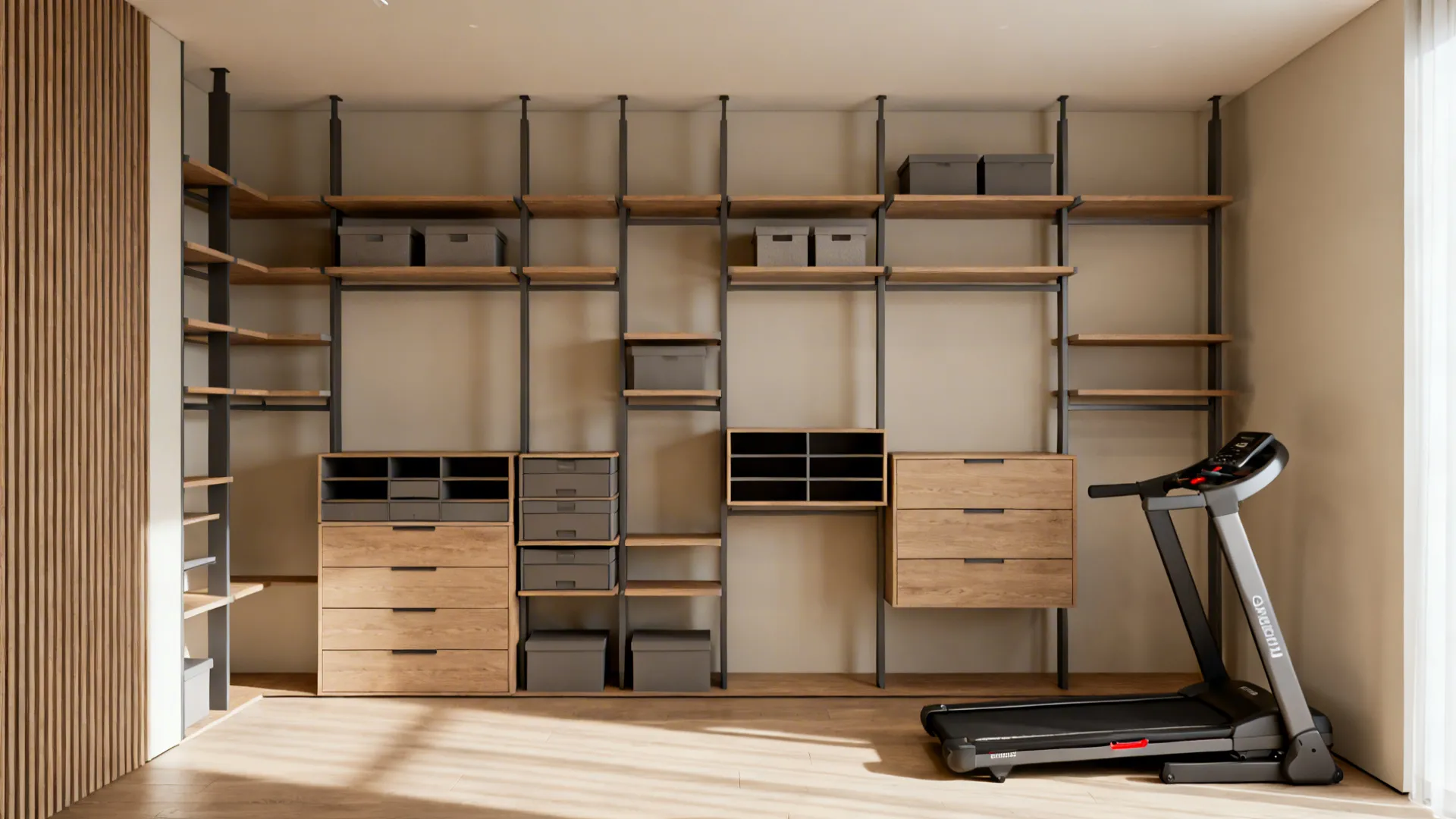 Modular closet units reconfigured with drawers and shelving, treadmill stowed at side