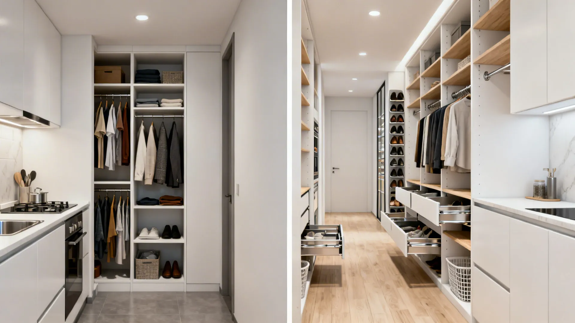 Before-and-after of a compact wardrobe upgraded with pull-outs and adjustable modules beside a small kitchen.