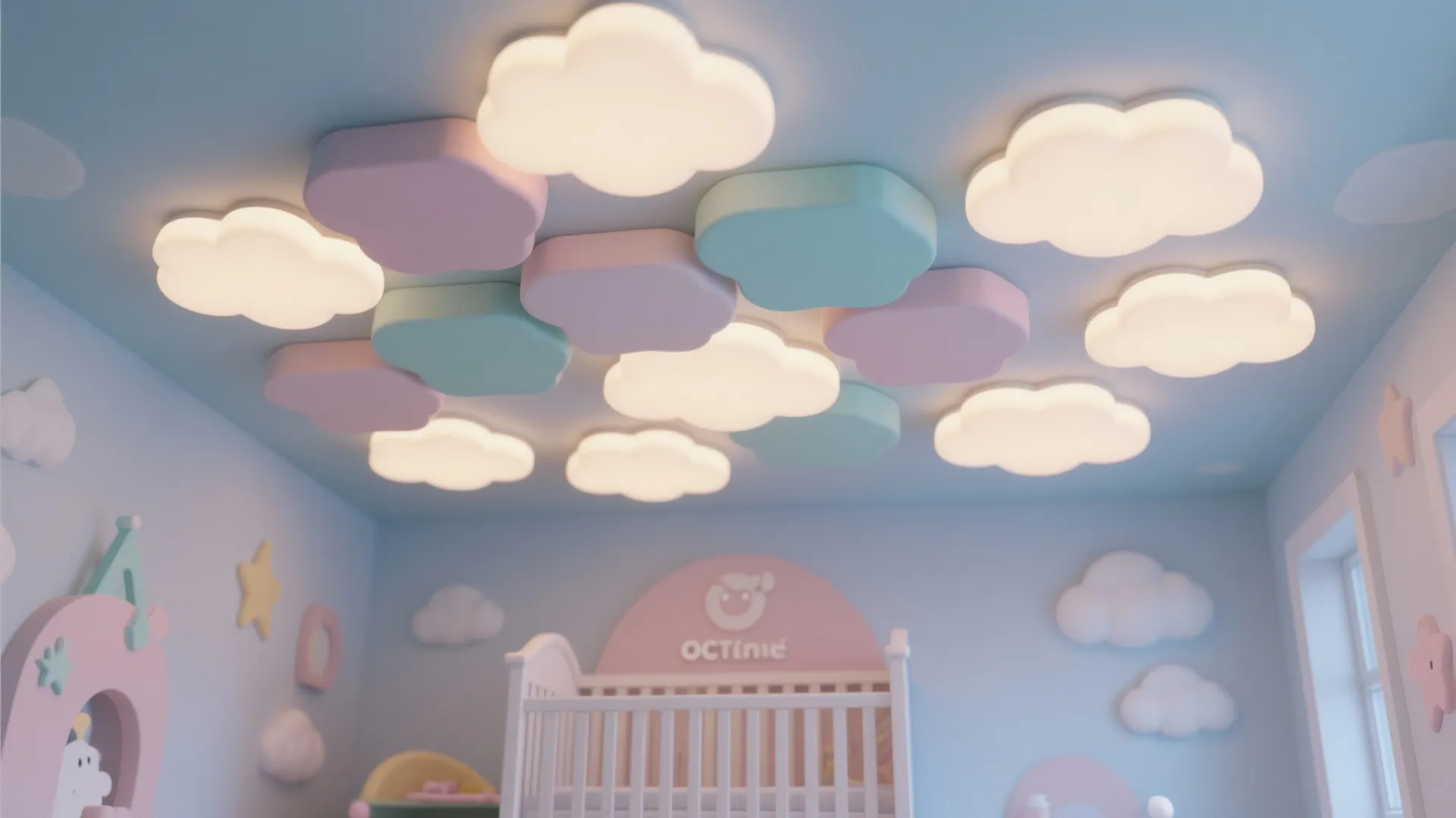 Blue nursery room featuring white pink and green cloud ceiling lights above a white crib