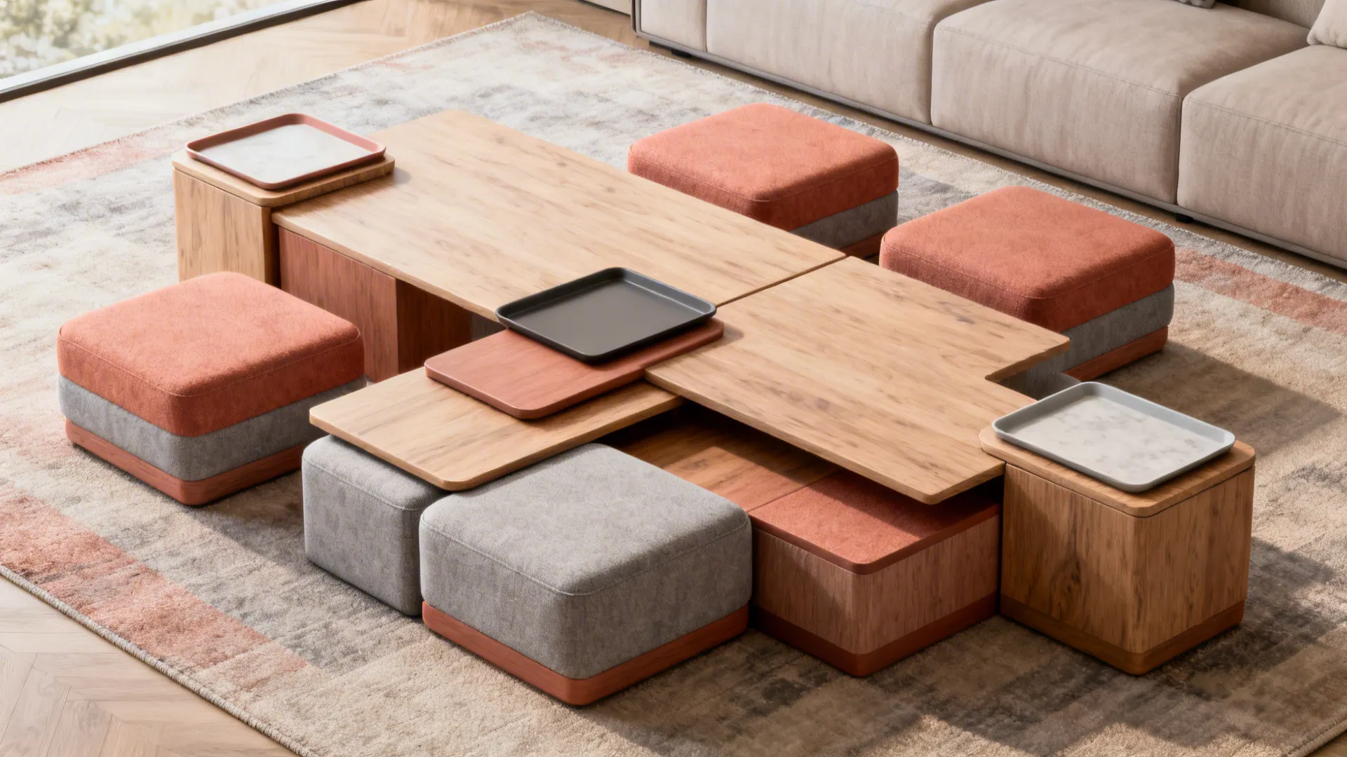 Cluster of modular tables and ottomans forming the look of one large coffee table.